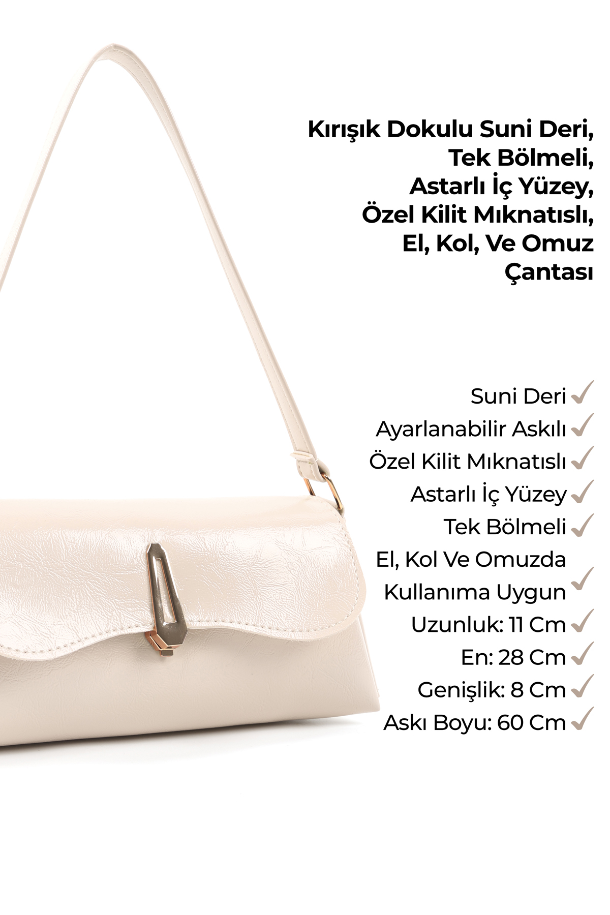 Kırışık Dokulu Krem Shk305 Suni Deri, Özel Kilit Mıknatıslı El, Kol ve Omuz Çantası