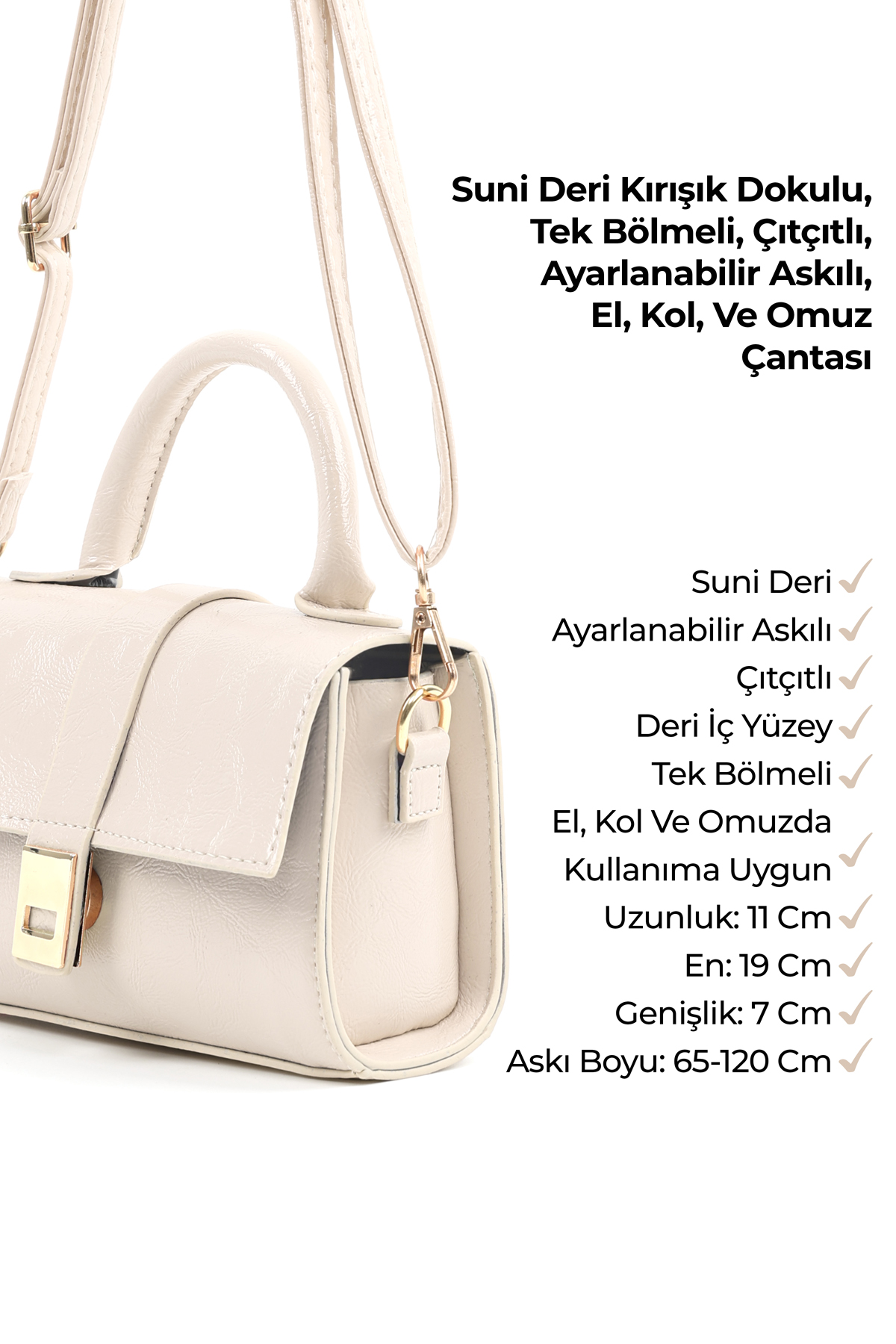 Kırışık Dokulu Krem Shk308 Suni Deri Çıtçıtlı Ayarlanabilir Askılı Kadın El, Kol Ve Omuz Çantası