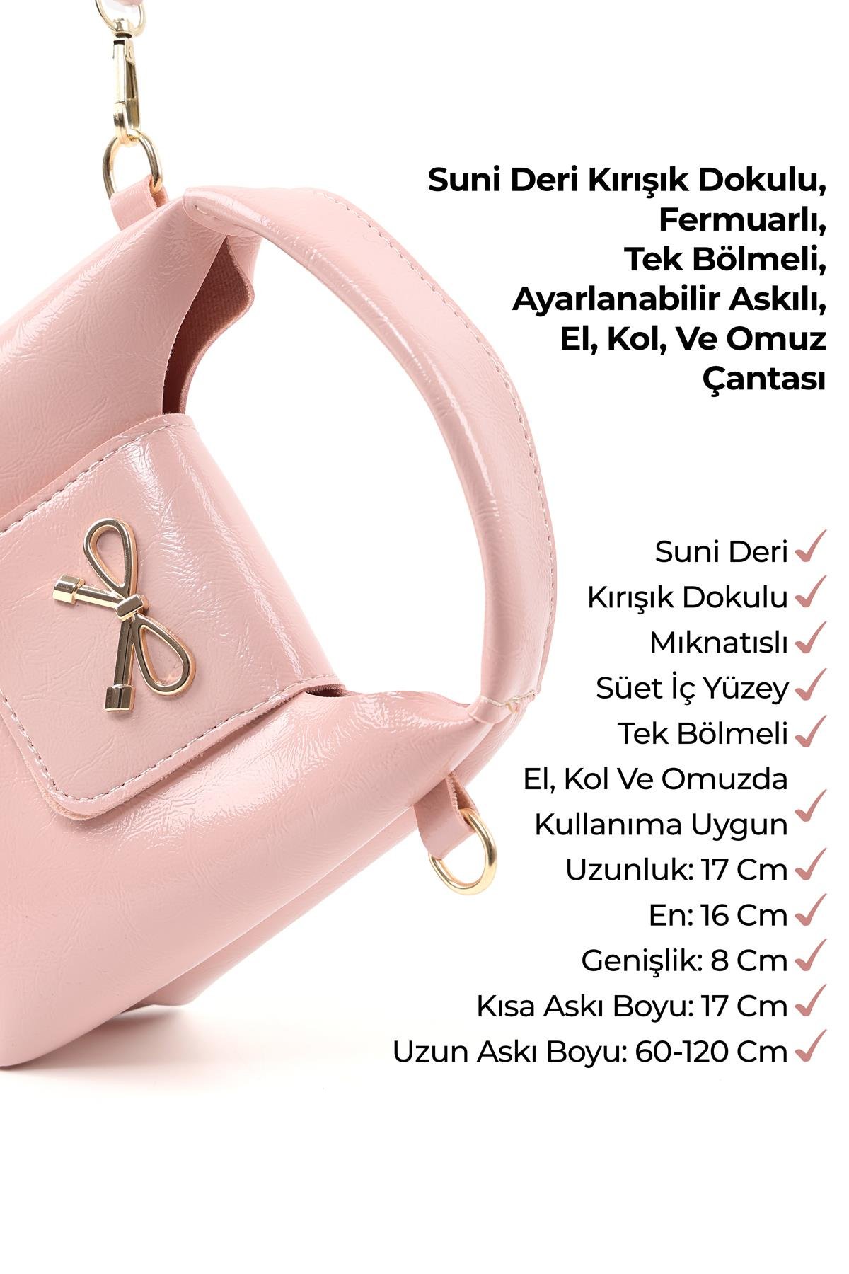 Kırışık Dokulu Pembe Shk214 Fiyonk Detaylı, Çıtçıtlı Tek Bölmeli ,Çapraz Askılı El,Kol ve Omuz Çantası