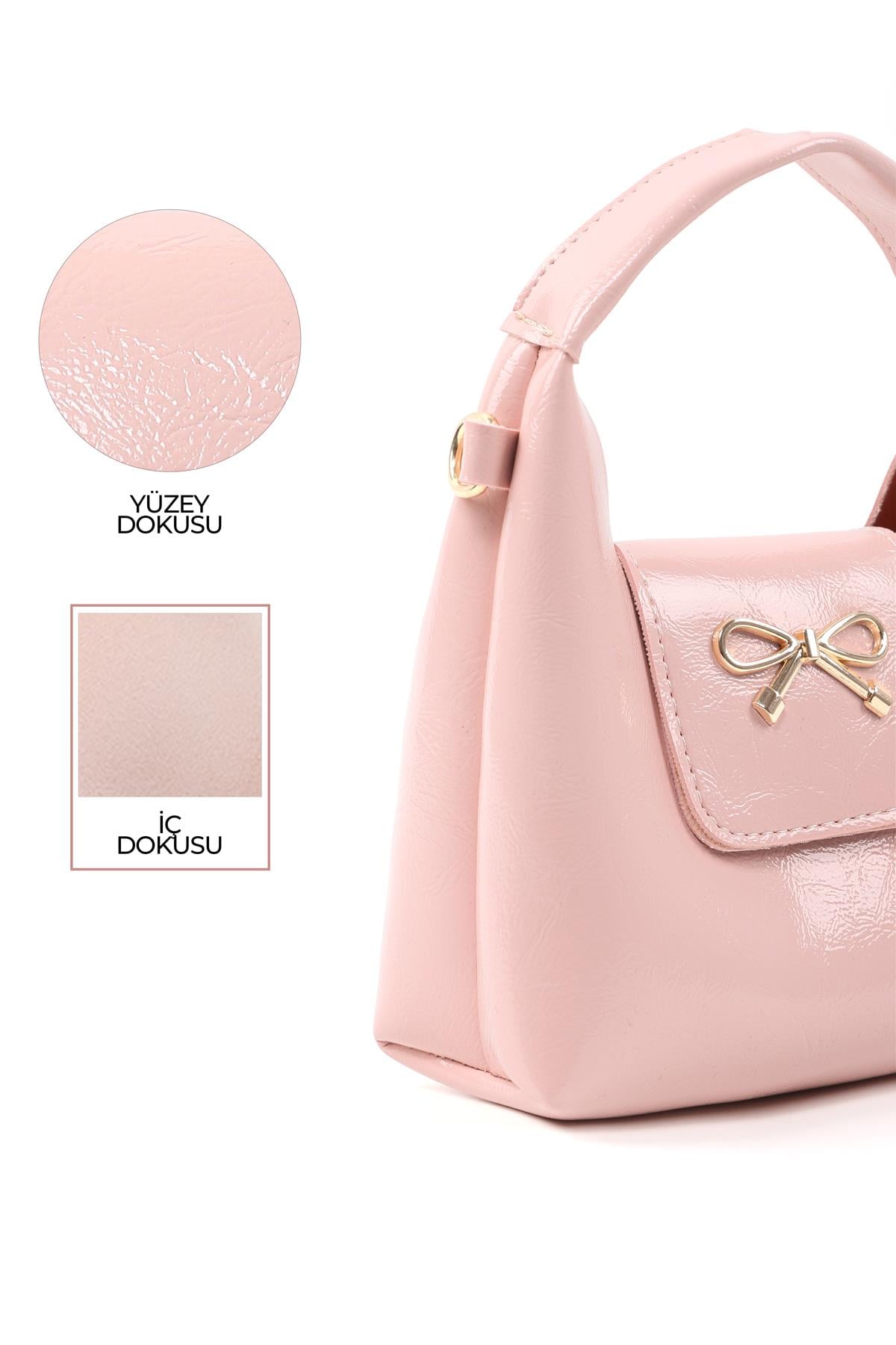Kırışık Dokulu Pembe Shk214 Fiyonk Detaylı, Çıtçıtlı Tek Bölmeli ,Çapraz Askılı El,Kol ve Omuz Çantası