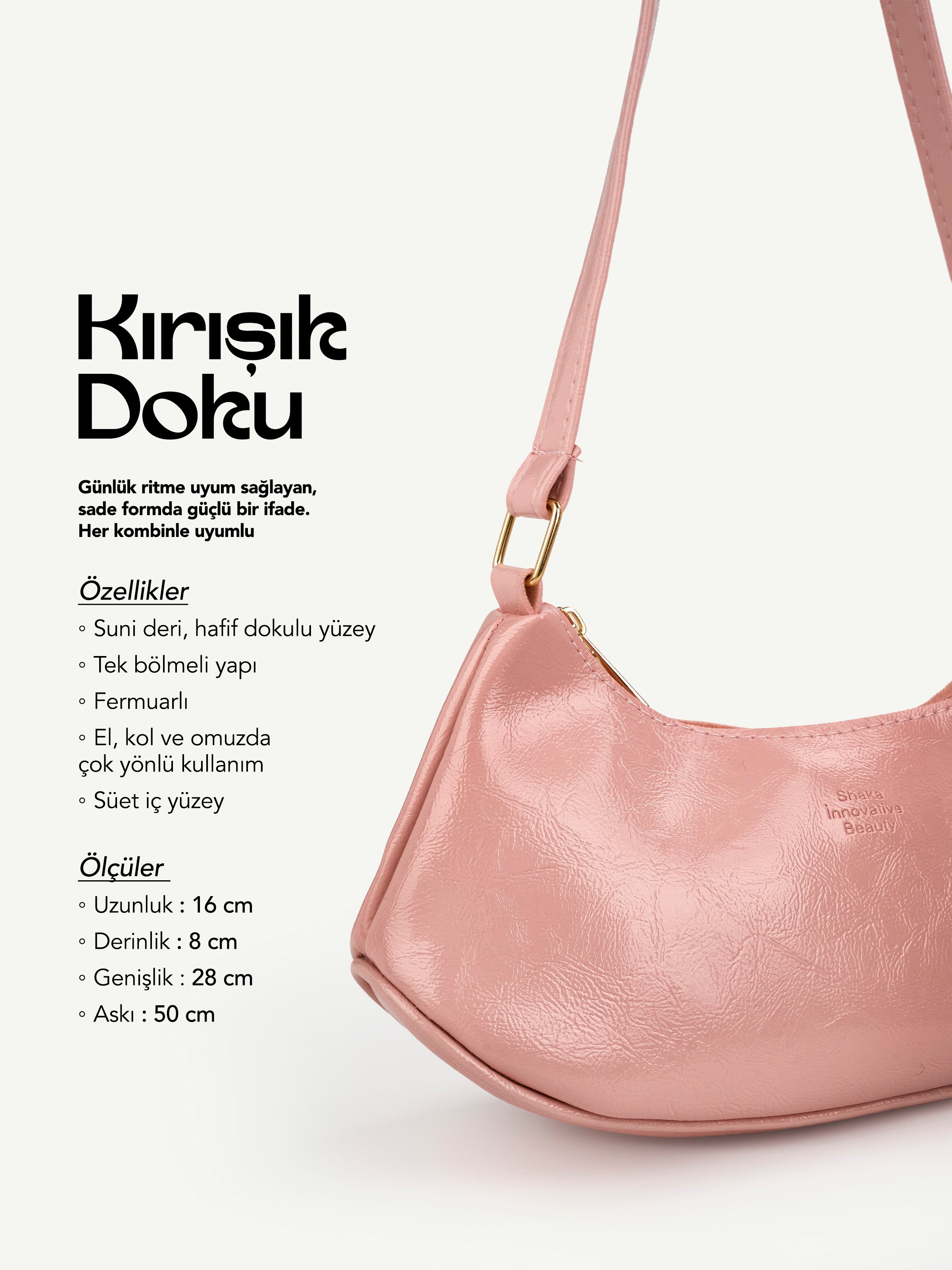 Kırışık Dokulu Pembe Shk280 Suni Deri, Fermuarlı Tek Bölmeli , El,Kol ve Omuz Çantası