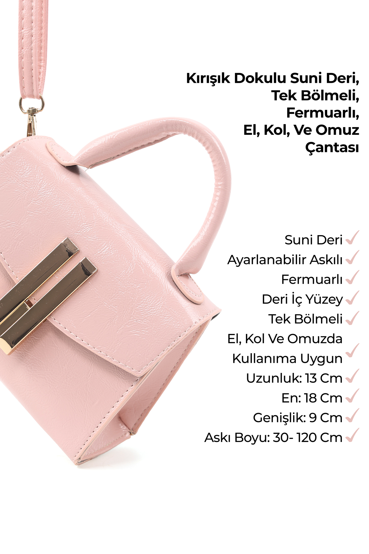 Kırışık Dokulu Pembe SHK288 Suni Deri,Tek Bölmeli,Ayarlanabilir Askılı ,El,Kol ve Omuz Çantası