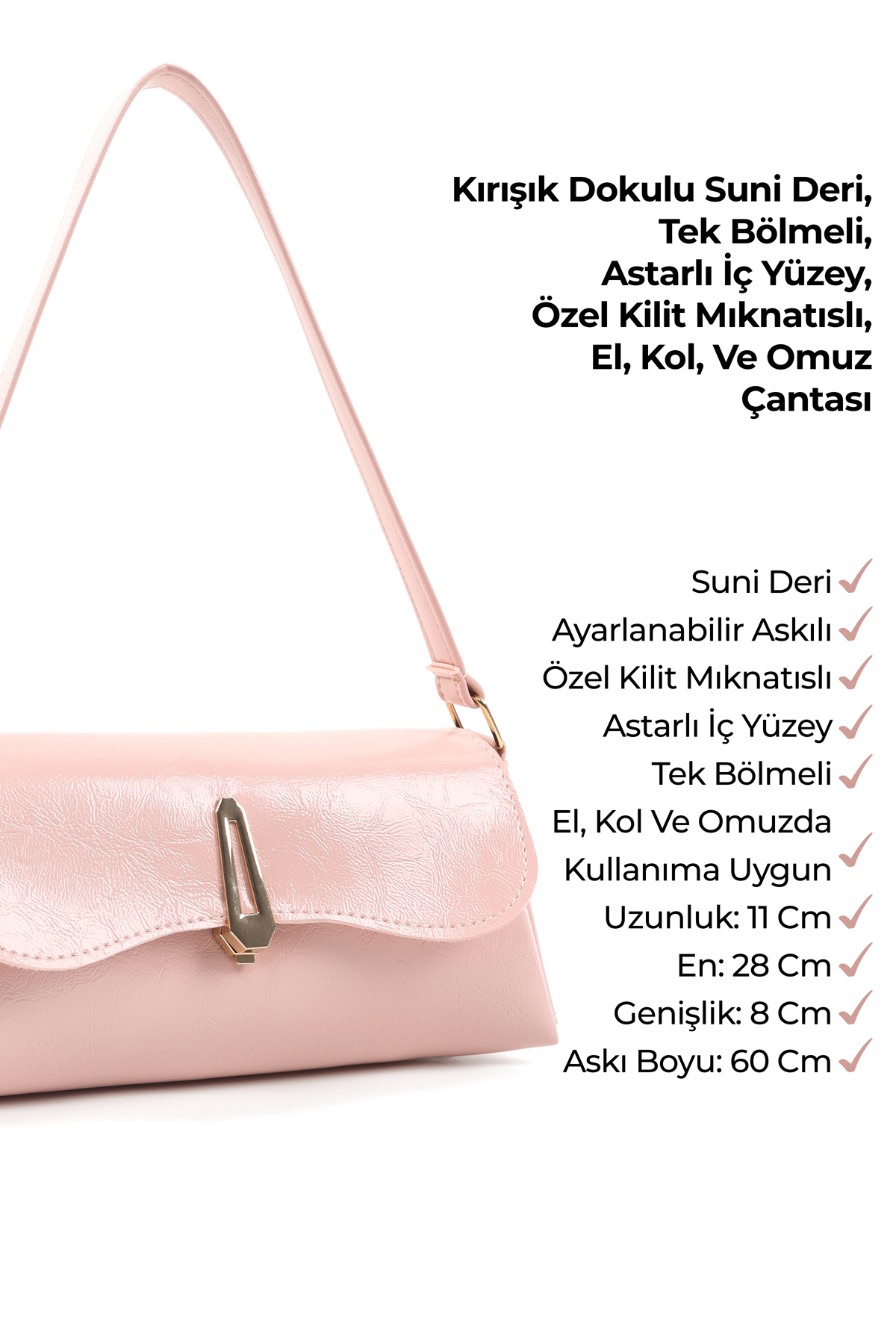 Kırışık Dokulu Pembe Shk305 Suni Deri, Özel Kilit Mıknatıslı El, Kol ve Omuz Çantası