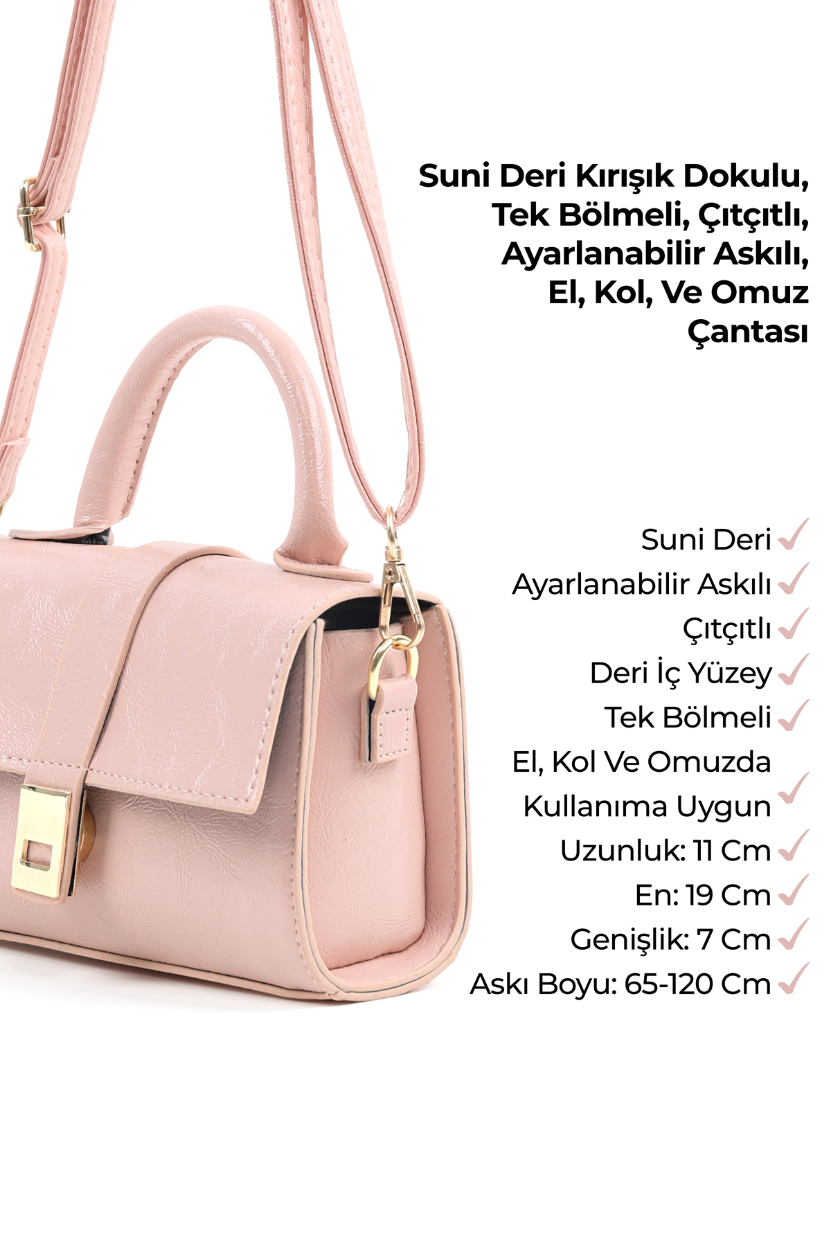 Kırışık Dokulu Pembe Shk308 Suni Deri Çıtçıtlı Ayarlanabilir Askılı Kadın El, Kol Ve Omuz Çantası