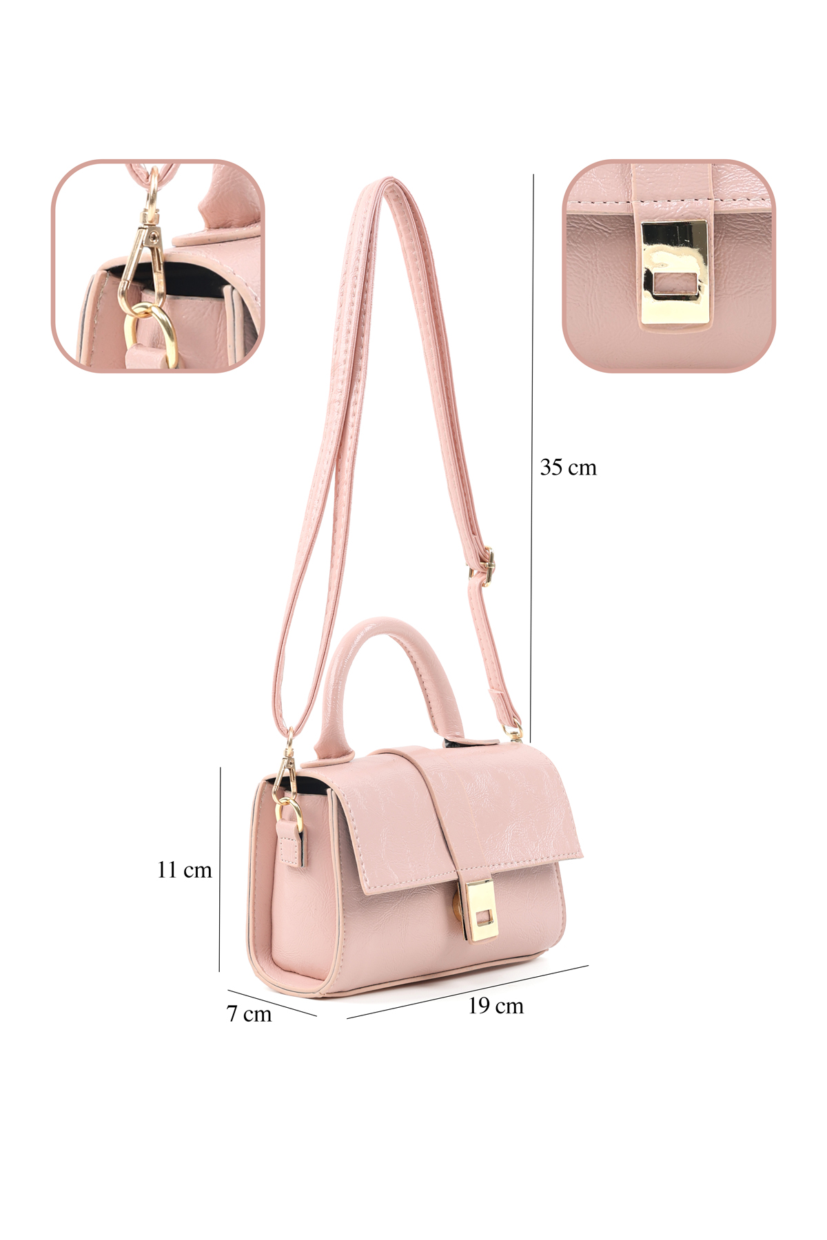 Kırışık Dokulu Pembe Shk308 Suni Deri Çıtçıtlı Ayarlanabilir Askılı Kadın El, Kol Ve Omuz Çantası