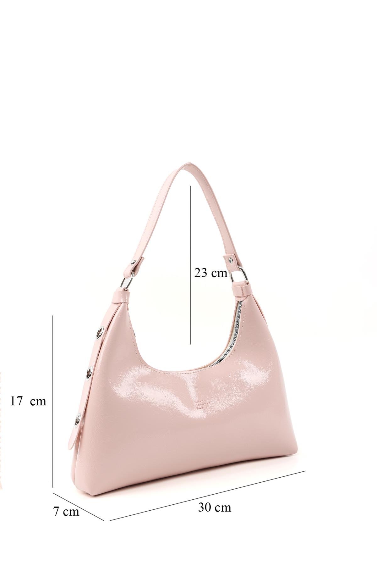 Kırışık Dokulu Pembe Shk82 Baget Model Tek Bölmeli Kadın Suni Deri Kol ve Omuz Çantası