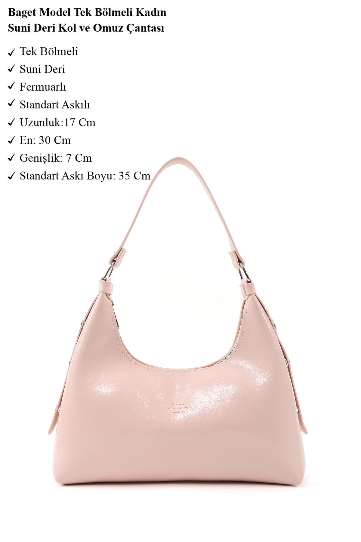 Kırışık Dokulu Pembe Shk82 Baget Model Tek Bölmeli Kadın Suni Deri Kol ve Omuz Çantası