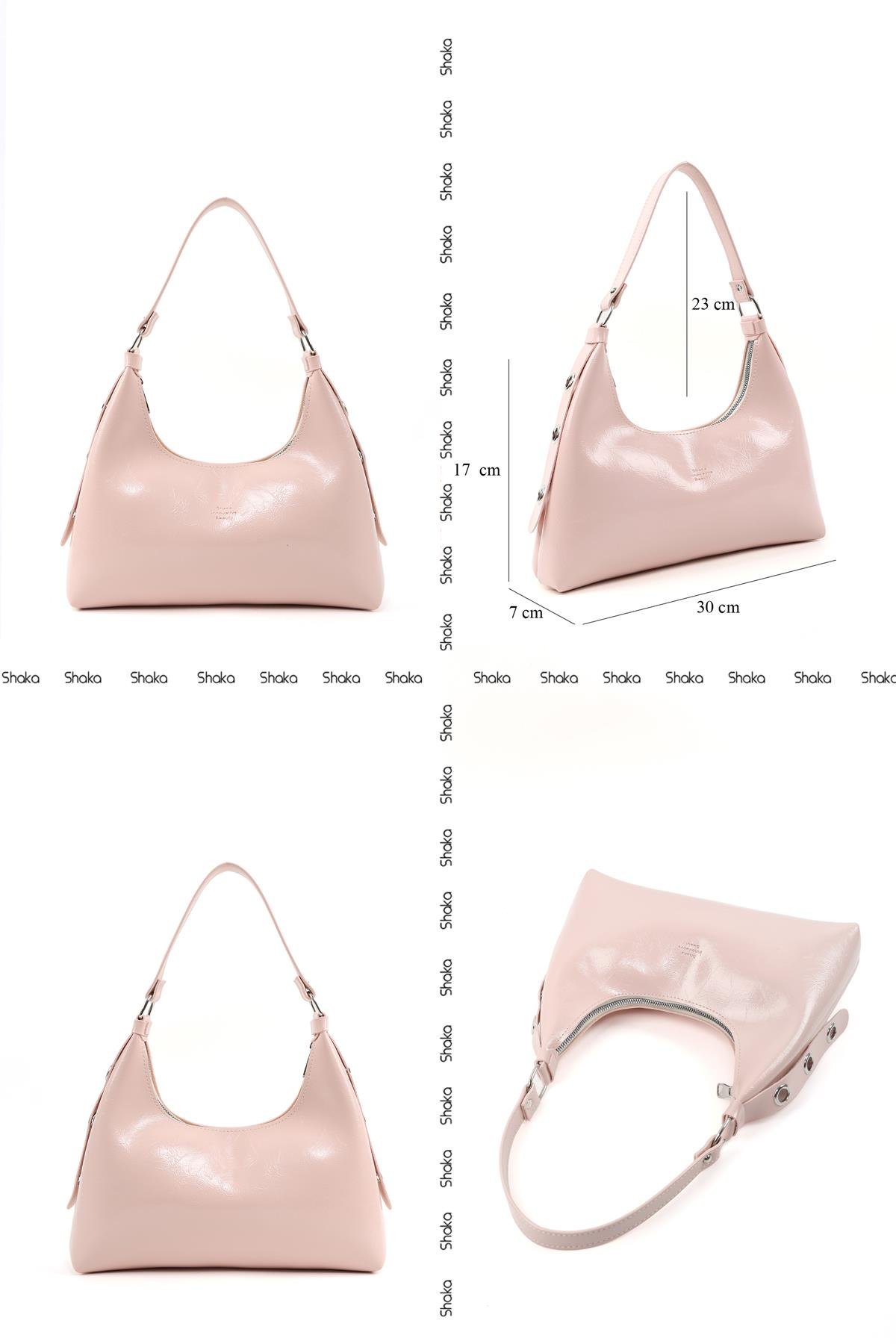 Kırışık Dokulu Pembe Shk82 Baget Model Tek Bölmeli Kadın Suni Deri Kol ve Omuz Çantası