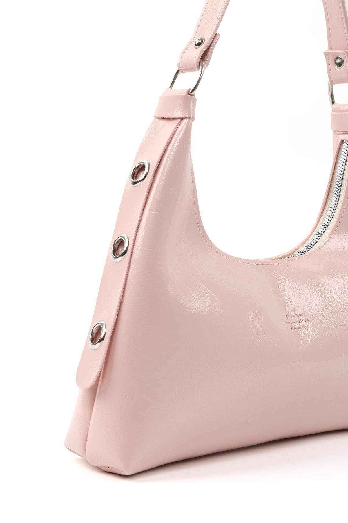 Kırışık Dokulu Pembe Shk82 Baget Model Tek Bölmeli Kadın Suni Deri Kol ve Omuz Çantası