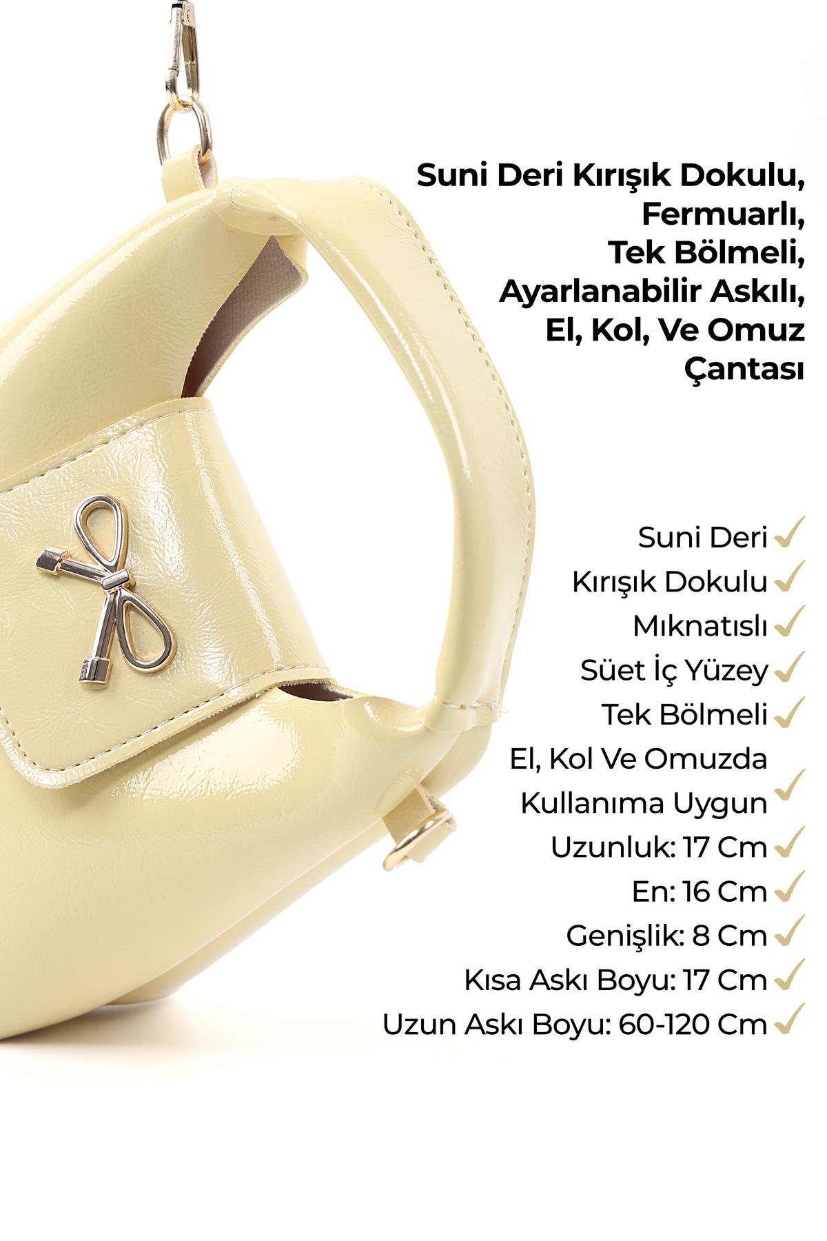 Kırışık Dokulu Sarı Shk214 Fiyonk Detaylı, Çıtçıtlı Tek Bölmeli ,Çapraz Askılı El,Kol ve Omuz Çantası