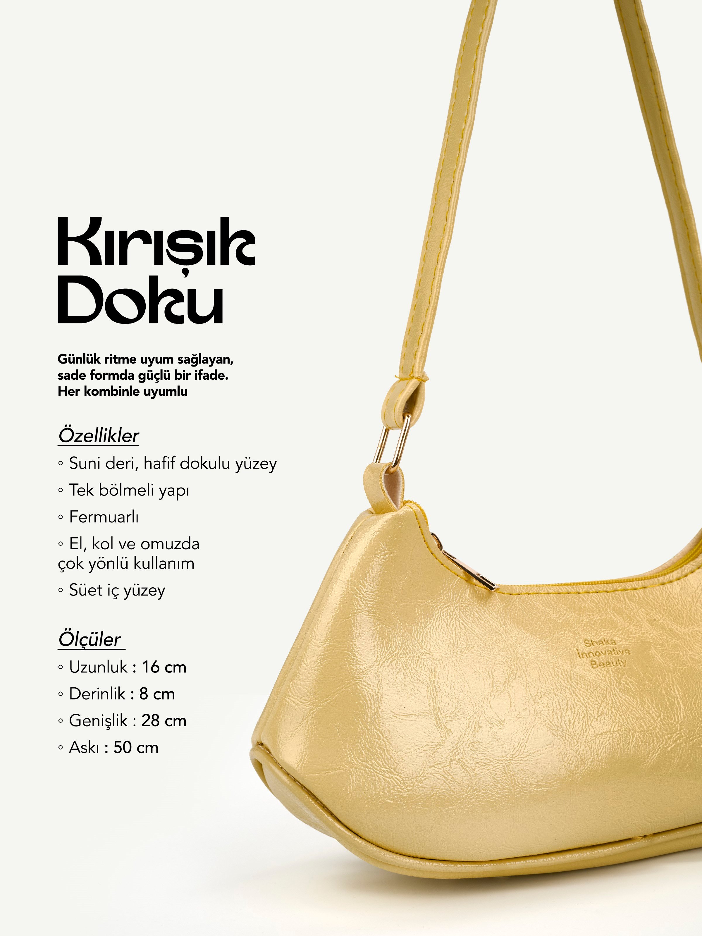 Kırışık Dokulu Sarı Shk280 Suni Deri, Fermuarlı Tek Bölmeli , El,Kol ve Omuz Çantası