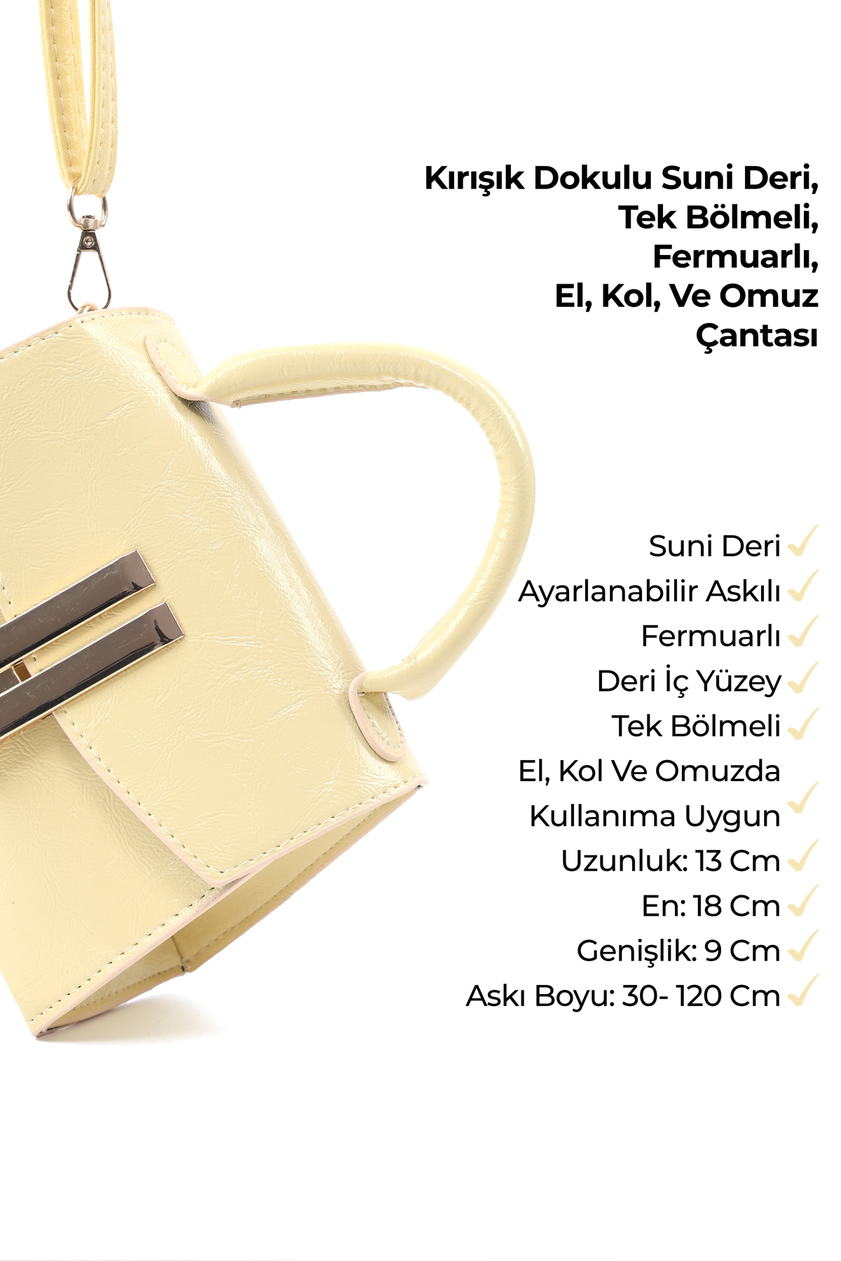 Kırışık Dokulu Sarı SHK288 Suni Deri,Tek Bölmeli,Ayarlanabilir Askılı ,El,Kol ve Omuz Çantası