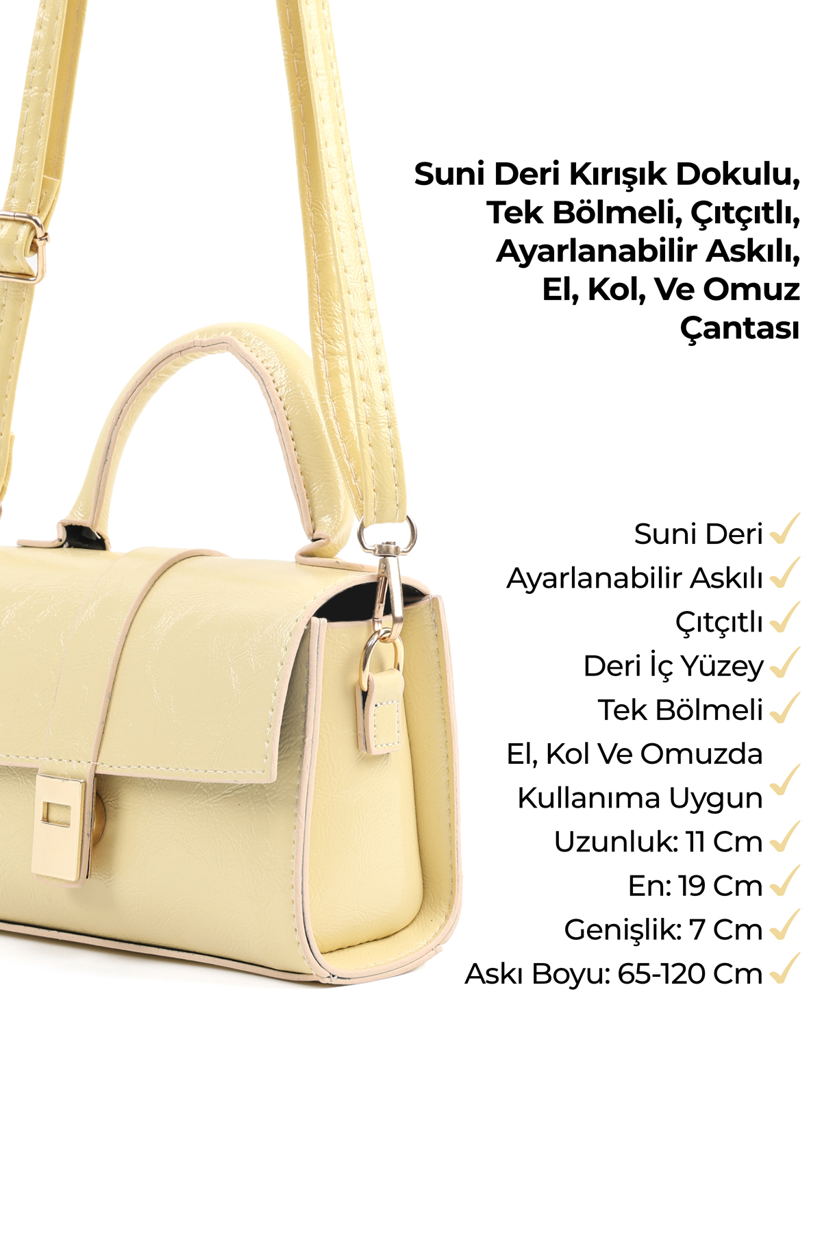 Kırışık Dokulu Sarı Shk308 Suni Deri Çıtçıtlı Ayarlanabilir Askılı Kadın El, Kol Ve Omuz Çantası