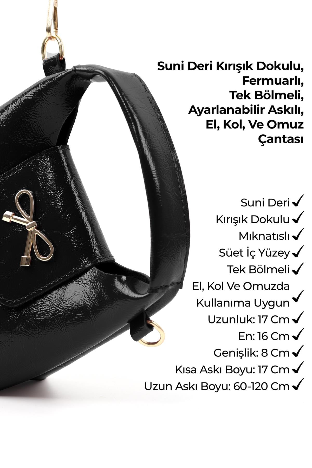 Kırışık Dokulu Siyah Shk214 Fiyonk Detaylı, Çıtçıtlı Tek Bölmeli ,Çapraz Askılı El,Kol ve Omuz Çantası