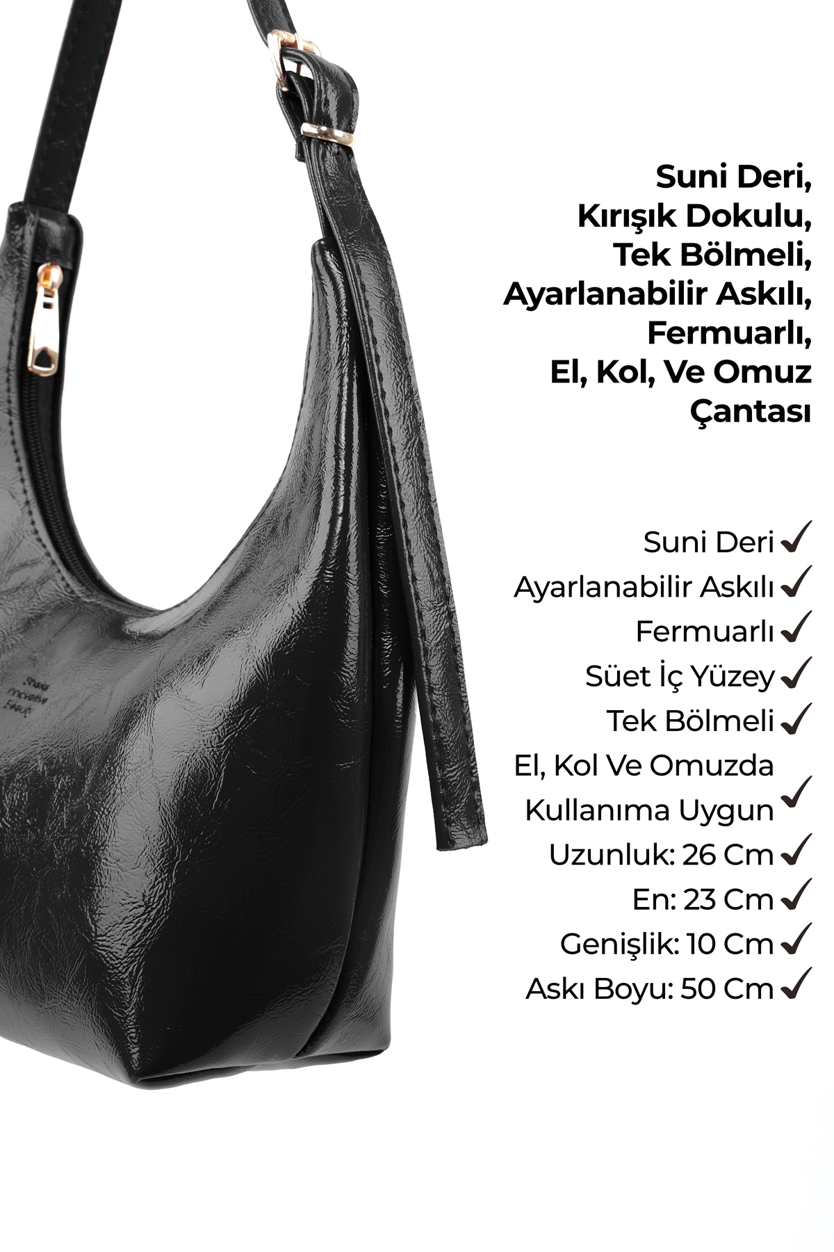 Kırışık Dokulu Siyah SHK279 Fermuarlı,Tek Bölmeli,Kırışık Dokulu El,Kol ve Omuz Çantası