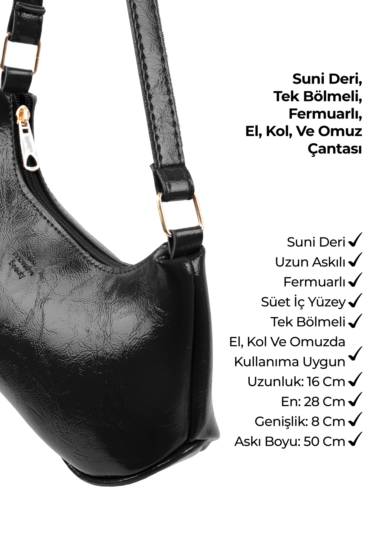 Kırışık Dokulu Siyah Shk280 Fermuarlı Tek Bölmeli , El,Kol ve Omuz Çantası
