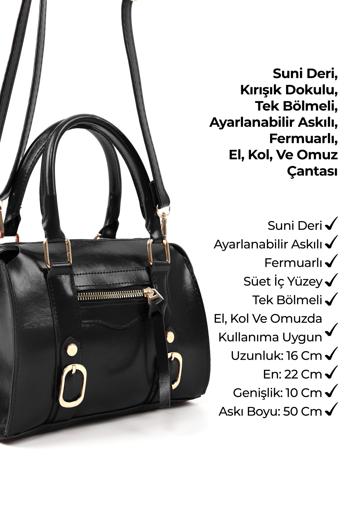 Kırışık Dokulu Siyah Shk287 Suni Deri, Fermuarlı Tek Bölmeli , El, Kol ve Omuz Çantası