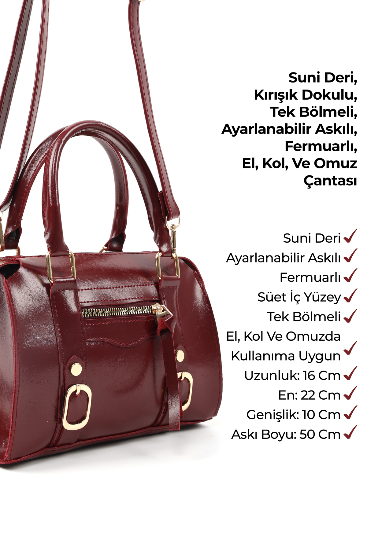 Kırışık Dokulu Siyah/Kırışık Dokulu Bordo Shk287 Set Suni Deri, Fermuarlı Tek Bölmeli ,2'li El, Kol ve Omuz Çantası