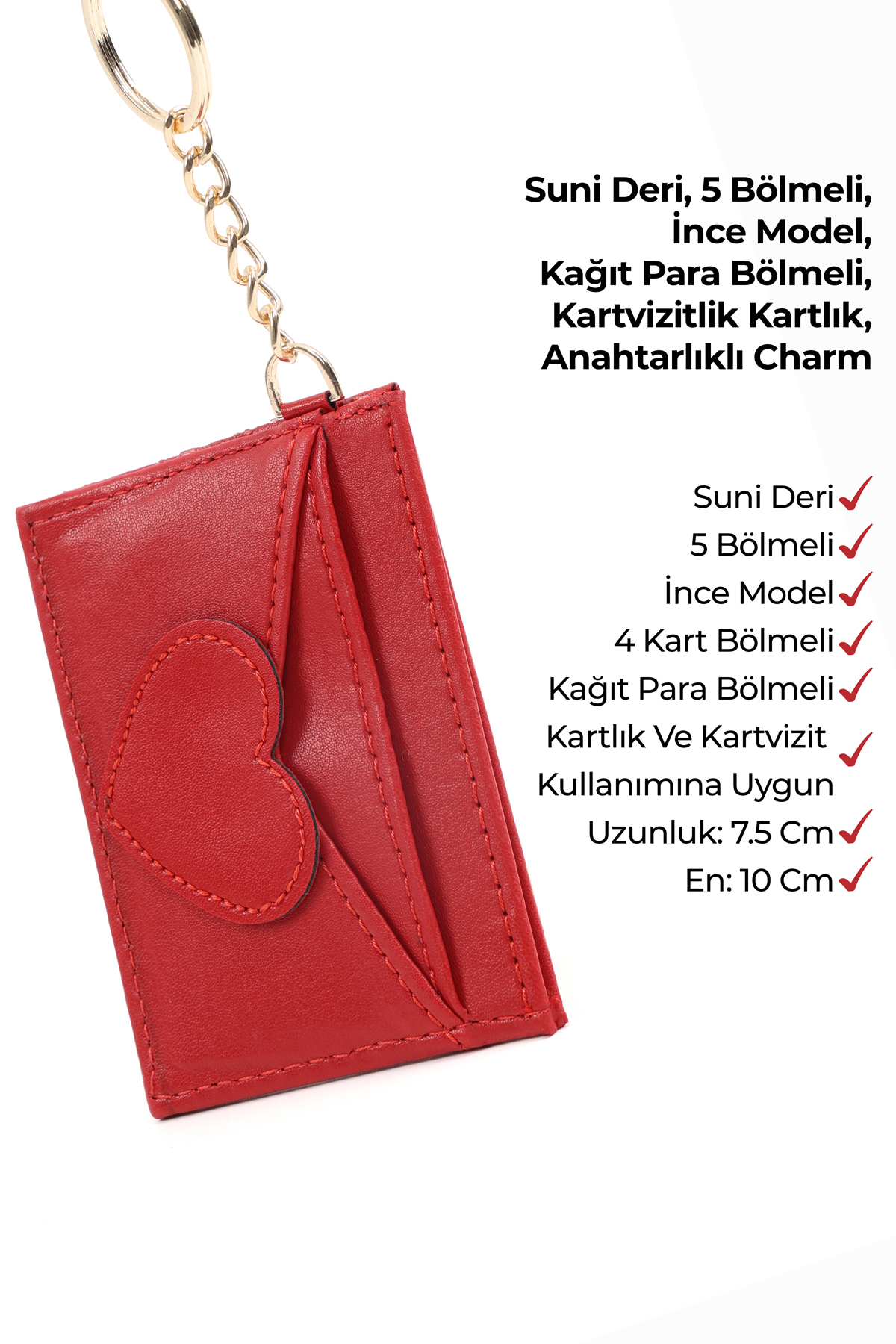 Kırmızı SHK134 Suni Deri,Beş Bölmeli,Kalp Figürlü Kartlık ve Çanta Charmı