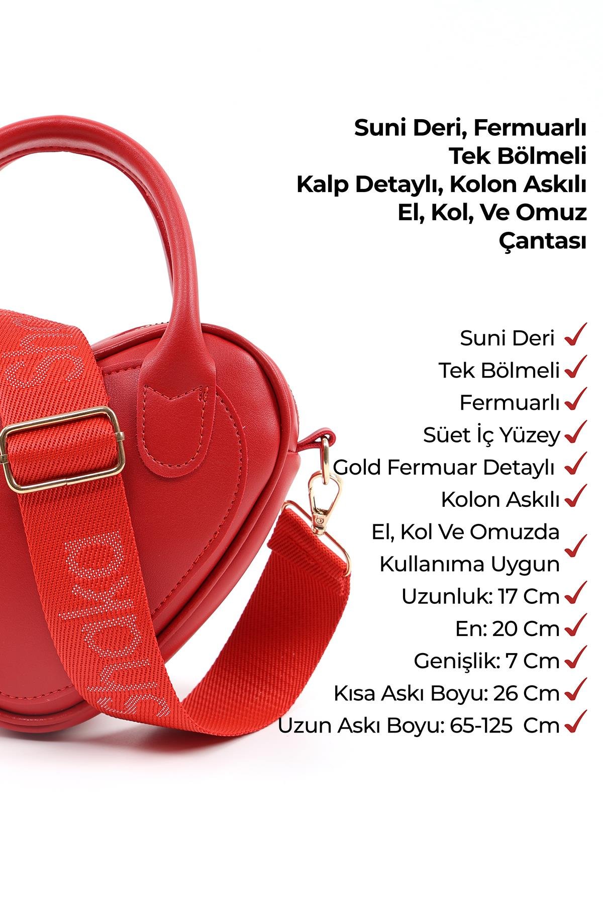 Kırmızı Shk236 Suni Deri Fermuarlı Tek Bölmeli Kalp Model El, Kol Ve Omuz Çantası