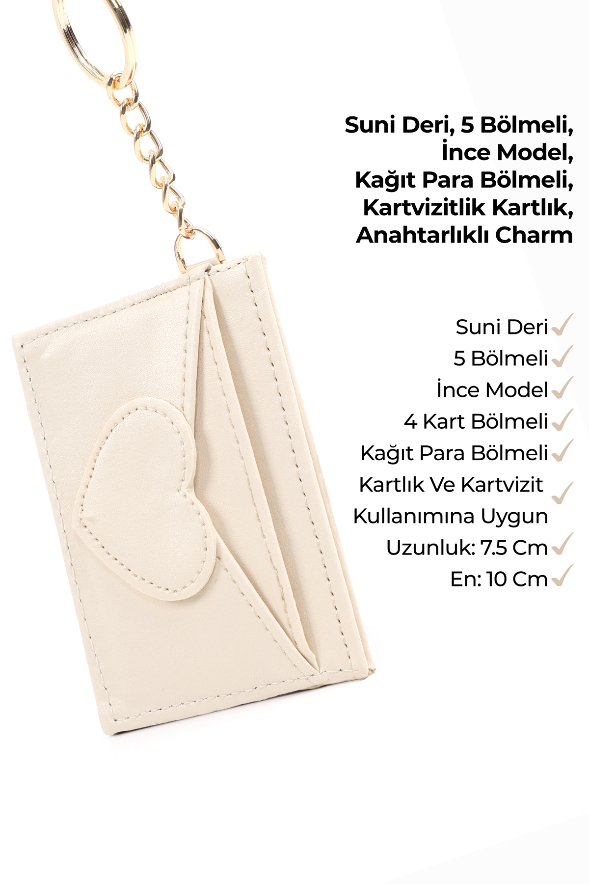 Krem SHK134 Suni Deri,Beş Bölmeli,Kalp Figürlü Kartlık ve Çanta Charmı
