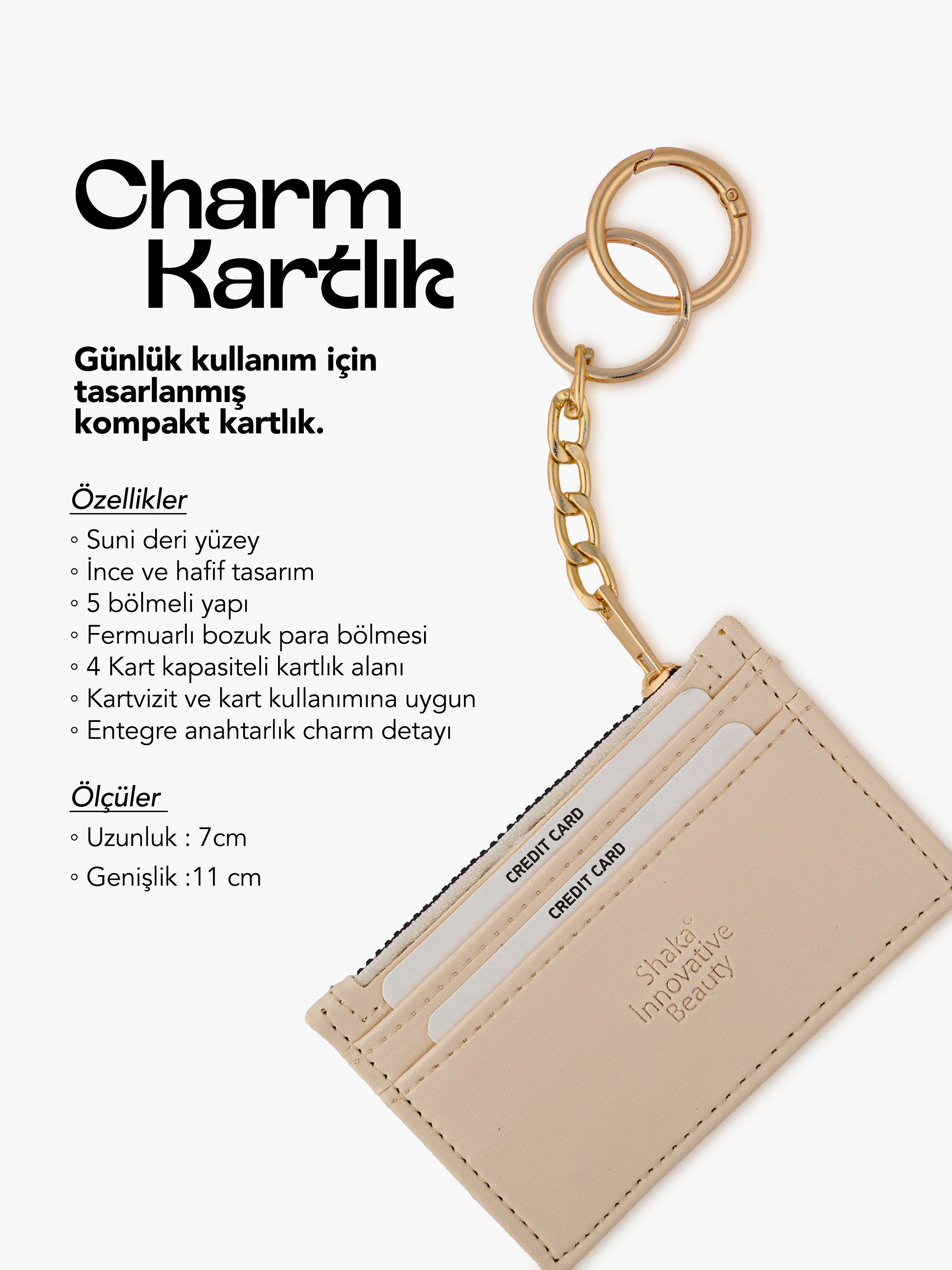 Krem SHK136 Suni Deri,Fermuarlı,Beş Bölmeli Kartlık ve Çanta Charmı