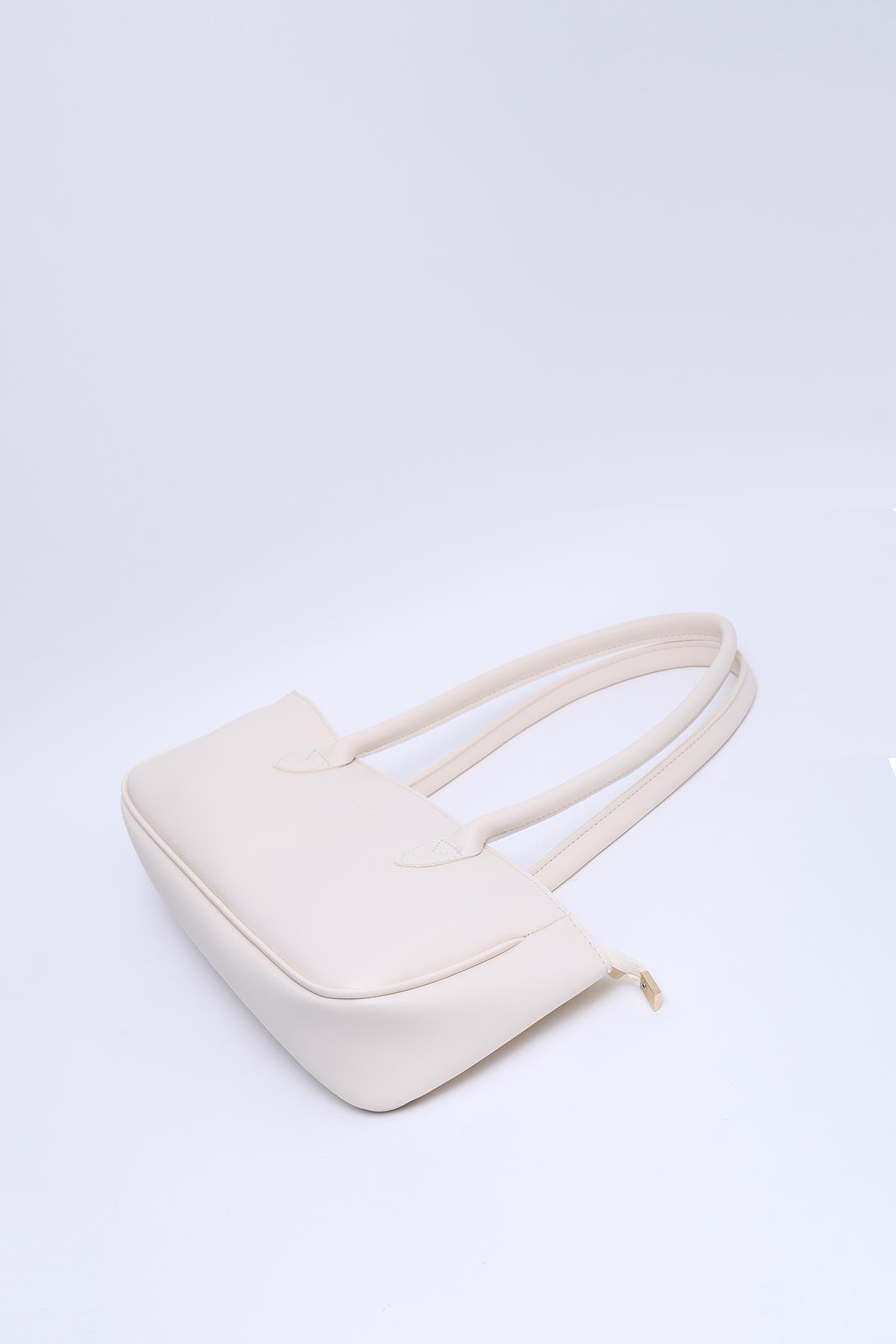 Krem Shk195 Suni Deri Tek Bölmeli Baget Model Fermuarlı El, Kol Ve Omuz Çantası U:15  E:26 G:7 Cm