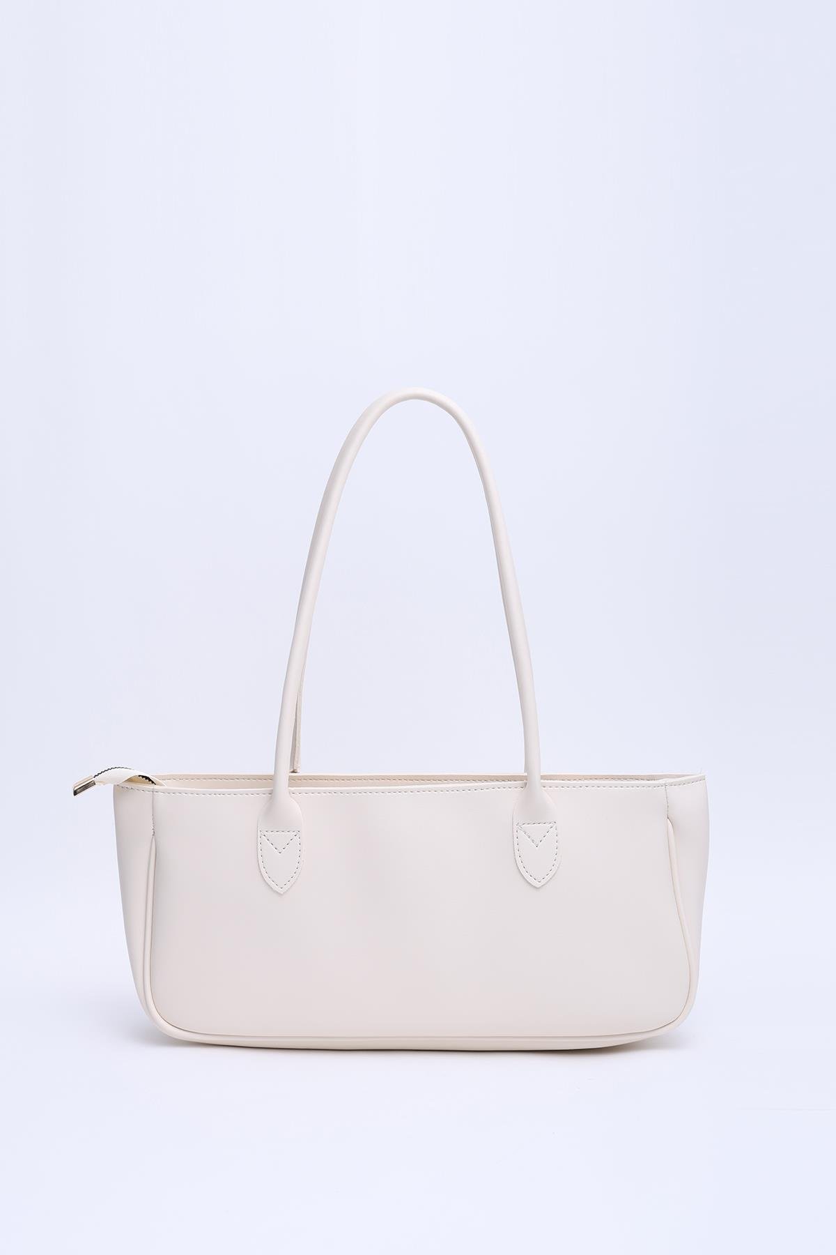 Krem Shk195 Suni Deri Tek Bölmeli Baget Model Fermuarlı El, Kol Ve Omuz Çantası U:15  E:26 G:7 Cm