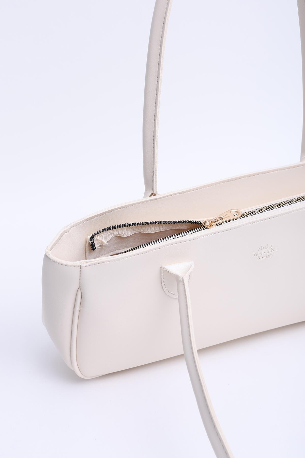 Krem Shk195 Suni Deri Tek Bölmeli Baget Model Fermuarlı El, Kol Ve Omuz Çantası U:15  E:26 G:7 Cm