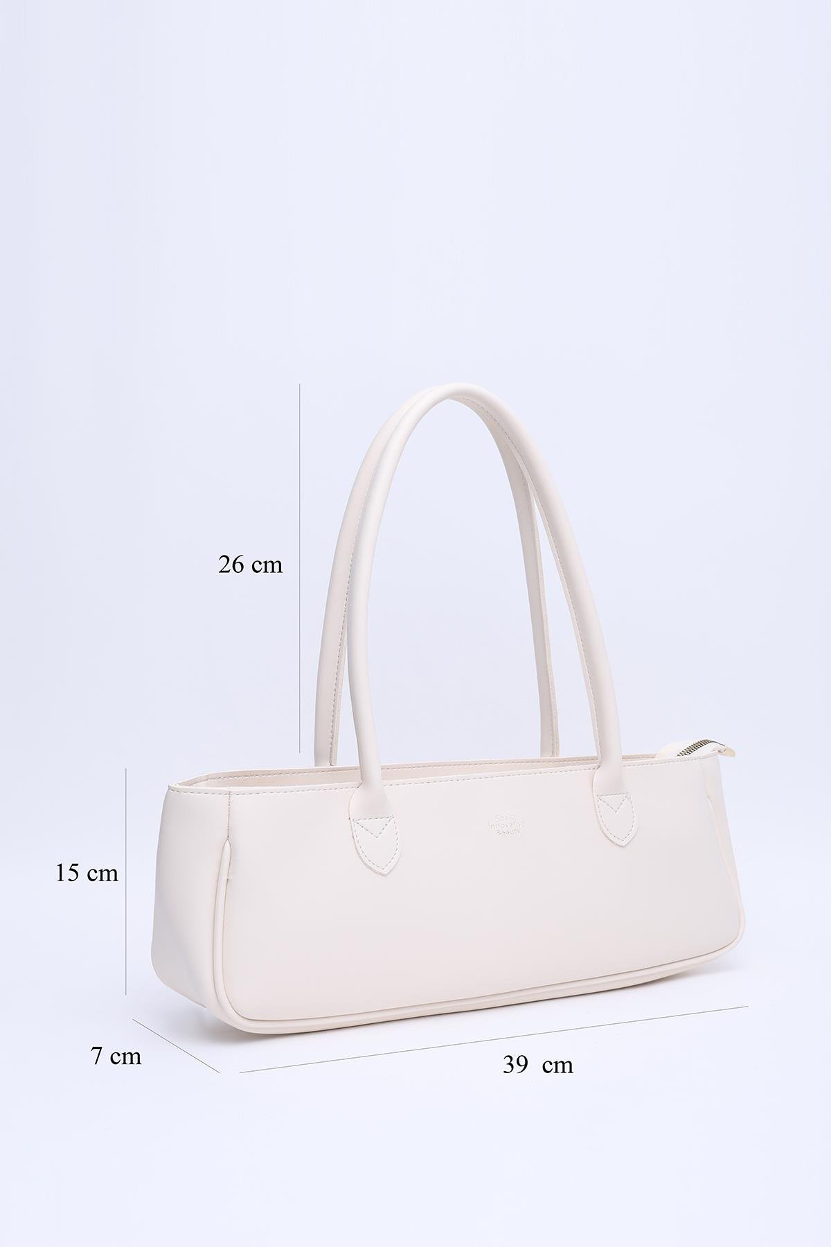 Krem Shk195 Suni Deri Tek Bölmeli Baget Model Fermuarlı El, Kol Ve Omuz Çantası U:15  E:26 G:7 Cm