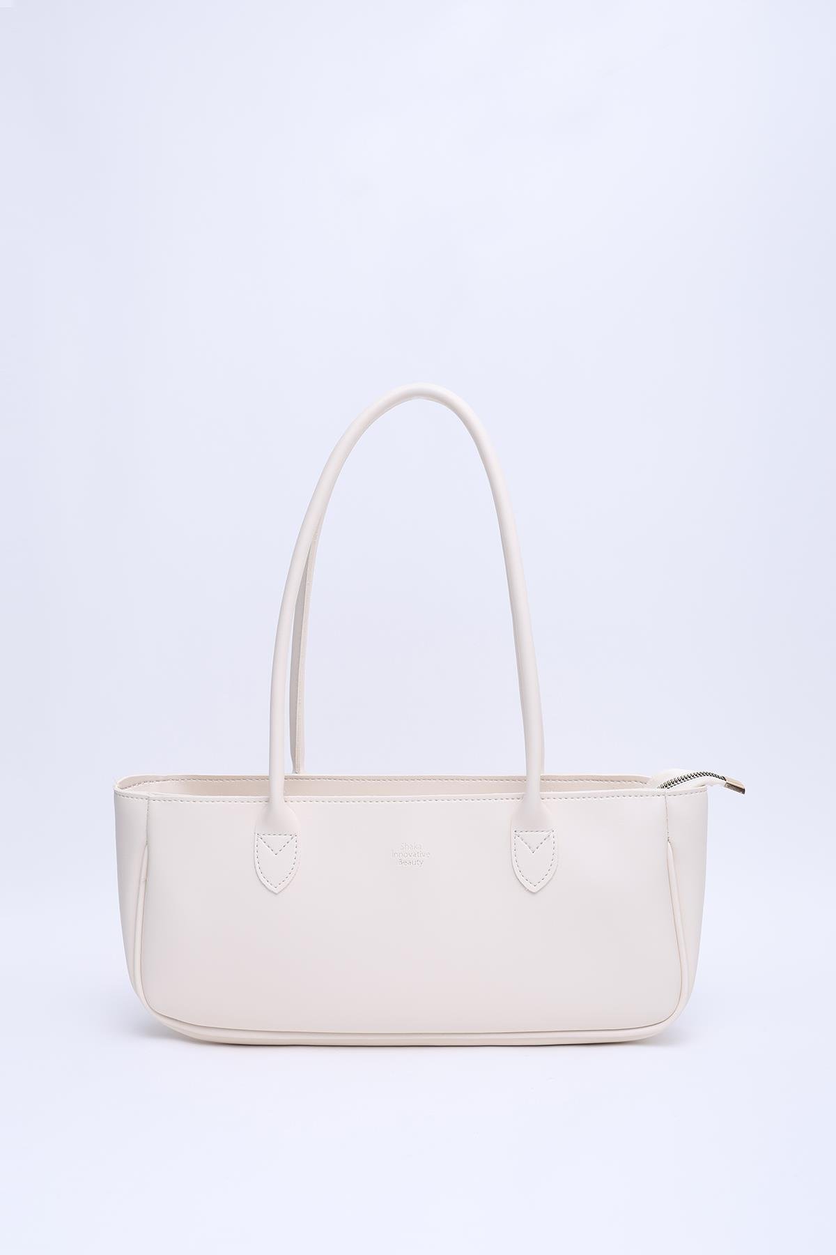 Krem Shk195 Suni Deri Tek Bölmeli Baget Model Fermuarlı El, Kol Ve Omuz Çantası U:15  E:26 G:7 Cm