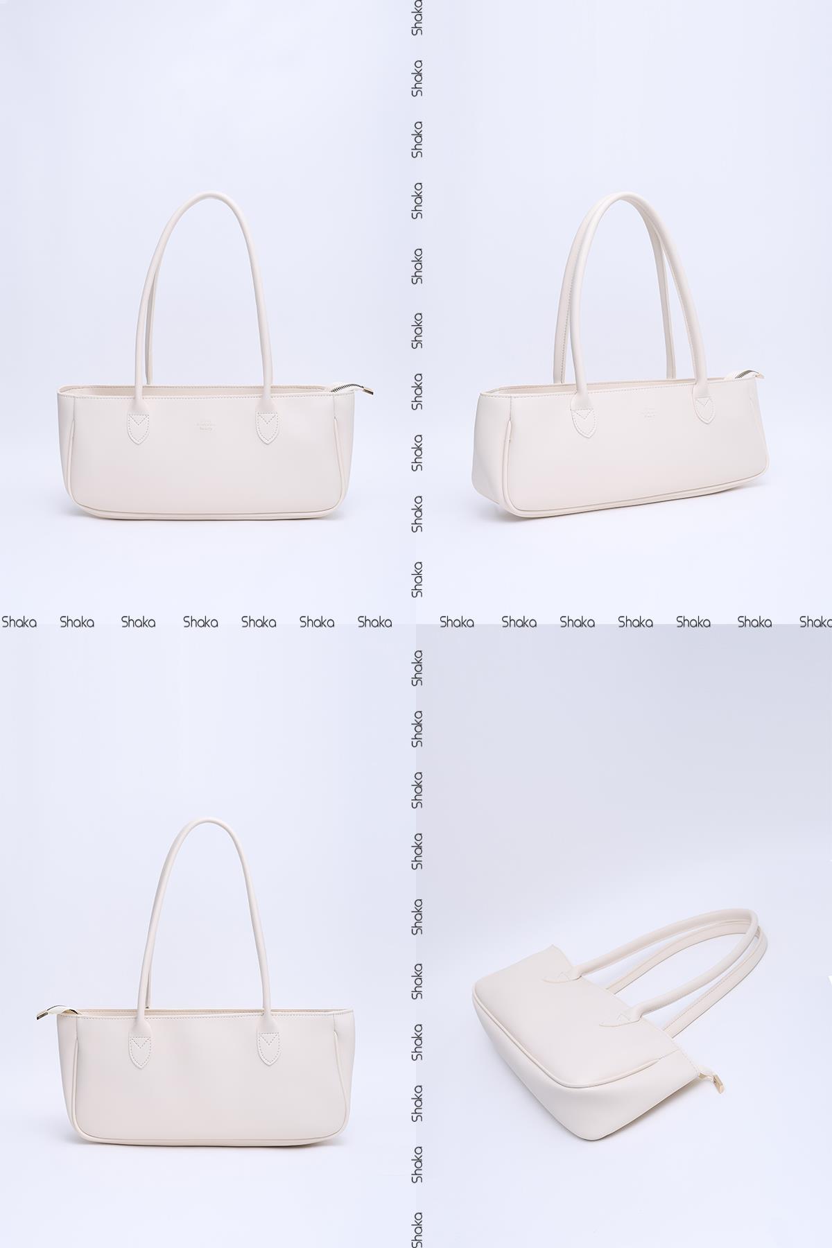 Krem Shk195 Suni Deri Tek Bölmeli Baget Model Fermuarlı El, Kol Ve Omuz Çantası U:15  E:26 G:7 Cm