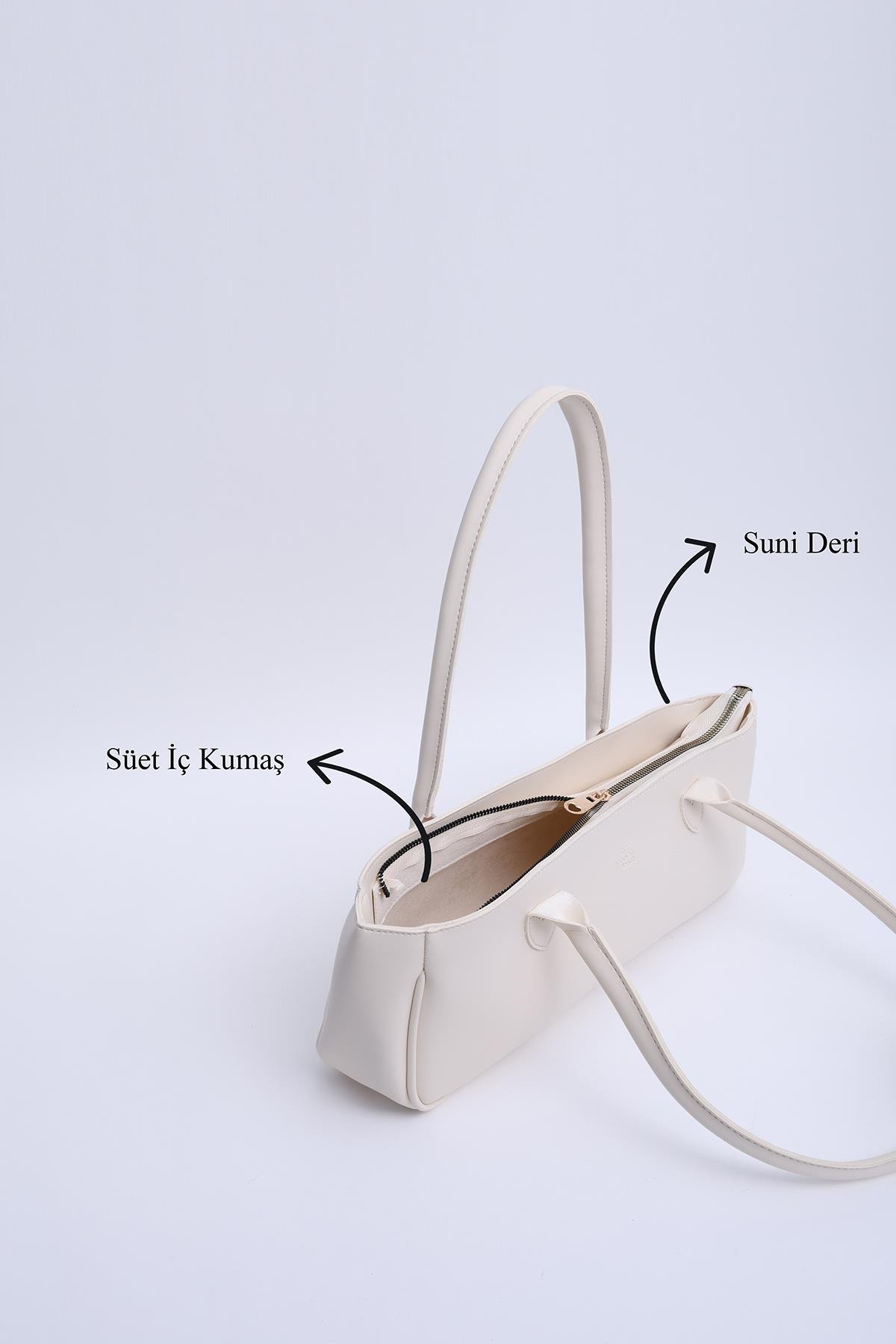 Krem Shk195 Suni Deri Tek Bölmeli Baget Model Fermuarlı El, Kol Ve Omuz Çantası U:15  E:26 G:7 Cm