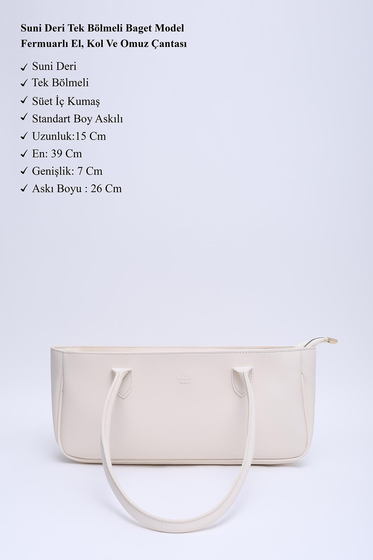 Krem Shk195 Suni Deri Tek Bölmeli Baget Model Fermuarlı El, Kol Ve Omuz Çantası U:15  E:26 G:7 Cm