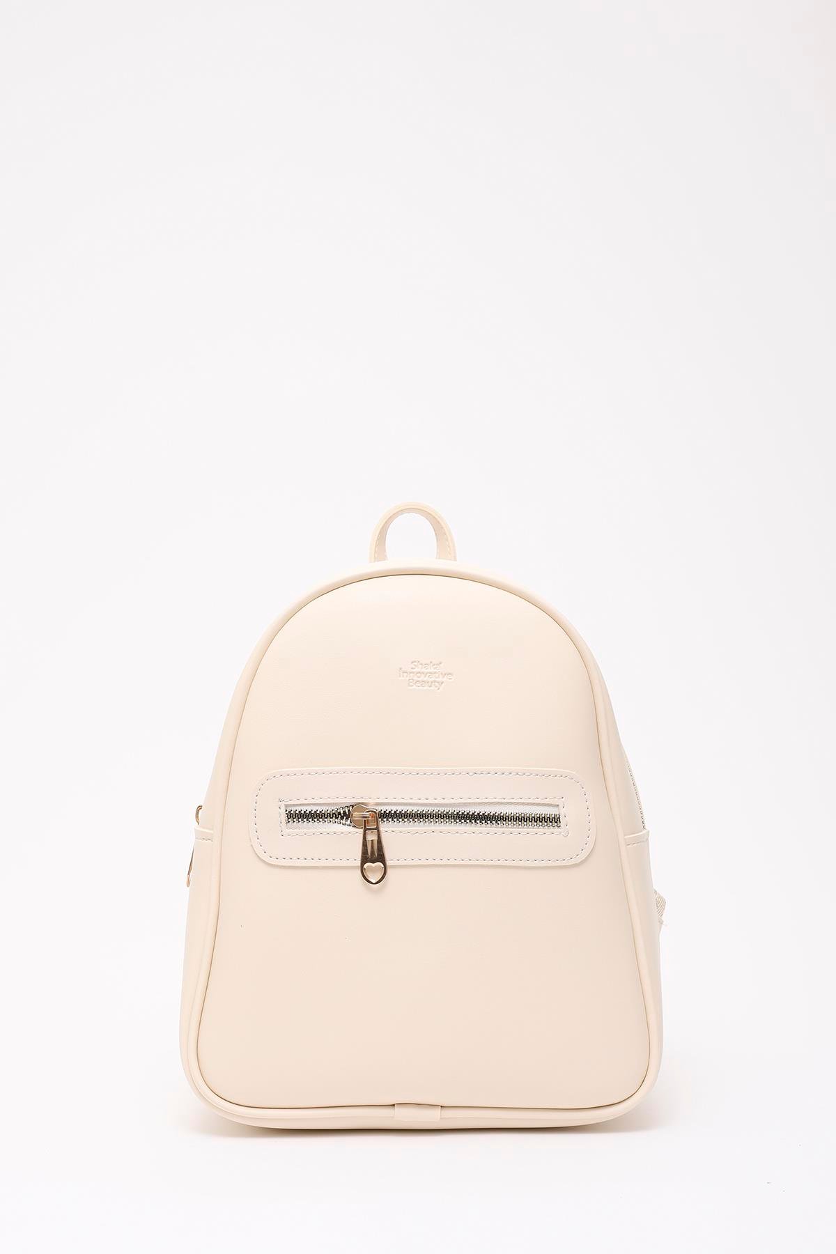 Krem Shk200 Suni Deri 2 Bölmeli Fermuarlı Yazılı Kolon Askılı Sırt Çantası U:26 E:22 G:9 cm