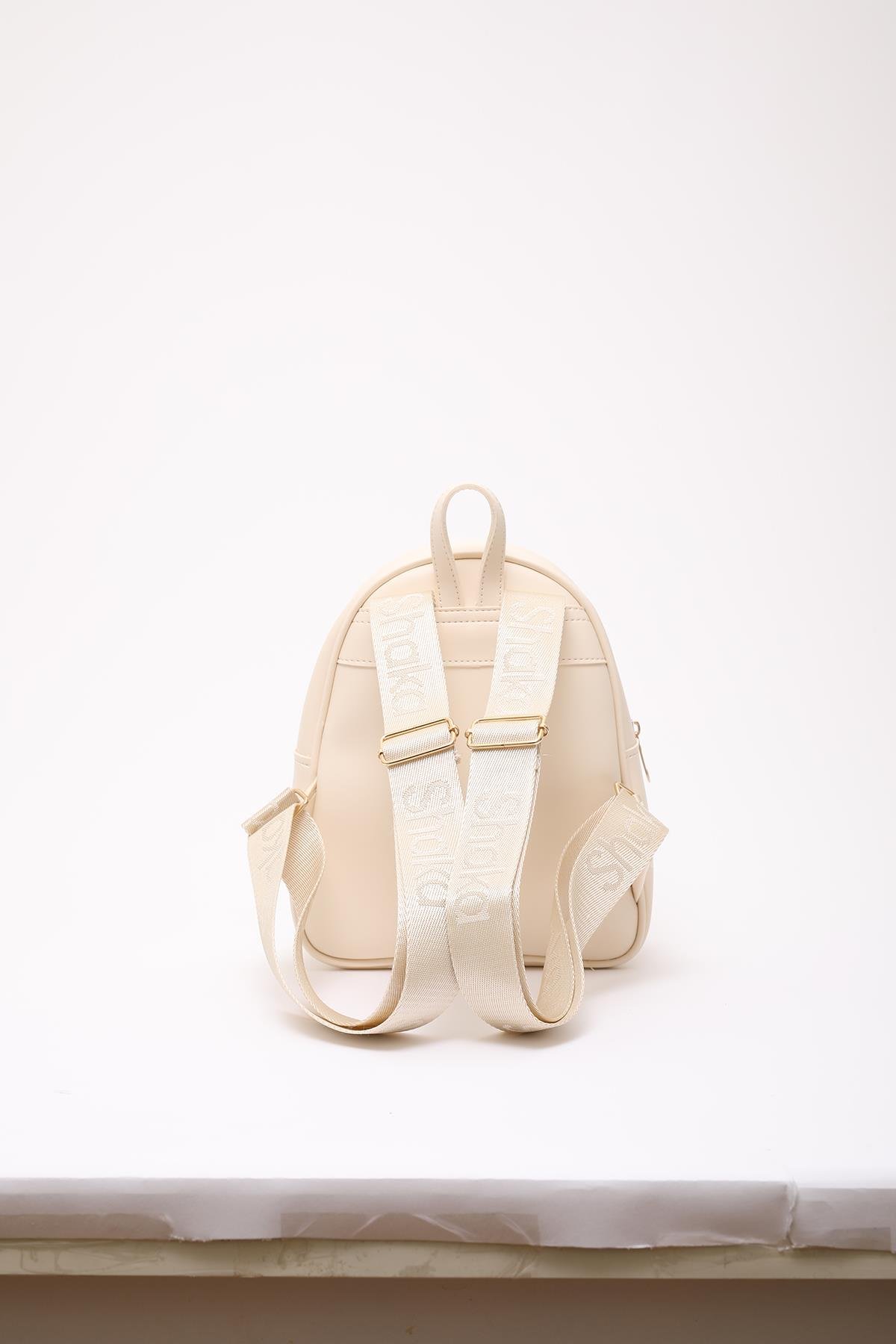 Krem Shk200 Suni Deri 2 Bölmeli Fermuarlı Yazılı Kolon Askılı Sırt Çantası U:26 E:22 G:9 cm