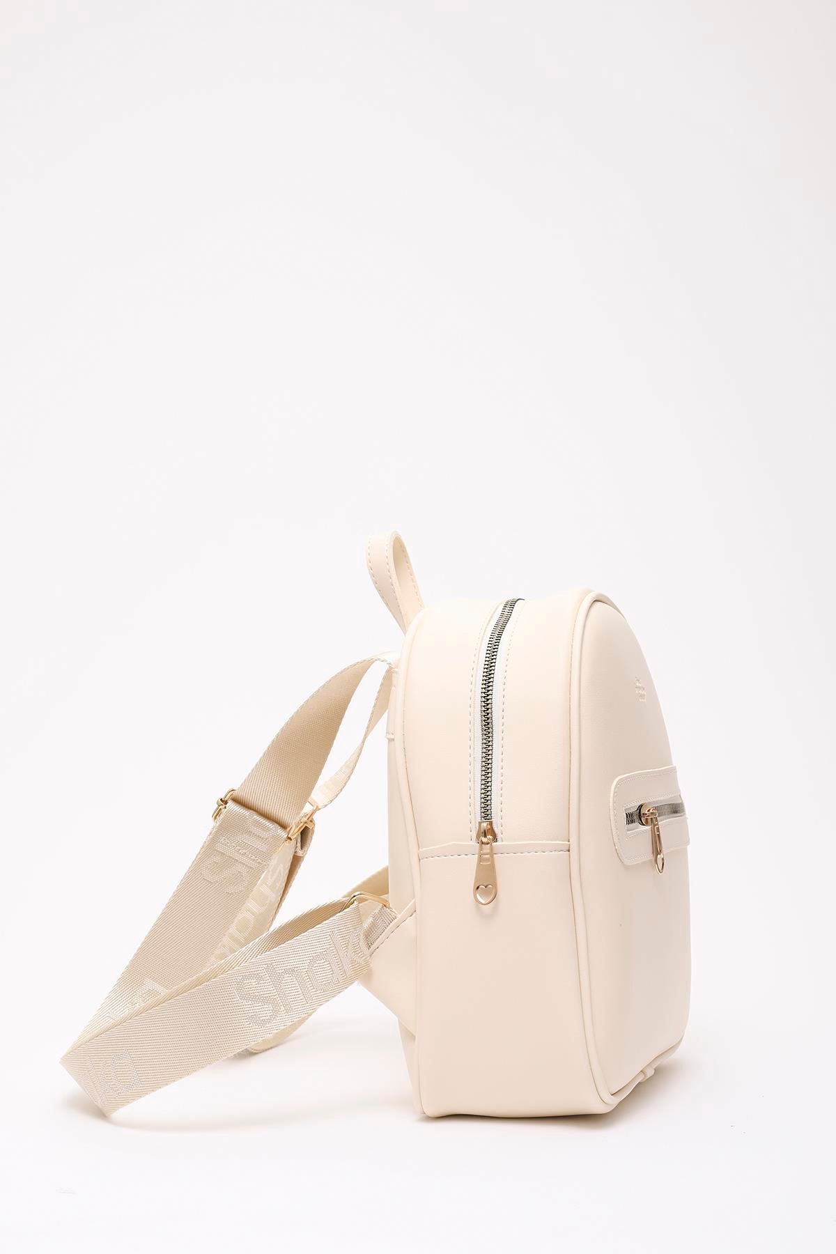 Krem Shk200 Suni Deri 2 Bölmeli Fermuarlı Yazılı Kolon Askılı Sırt Çantası U:26 E:22 G:9 cm