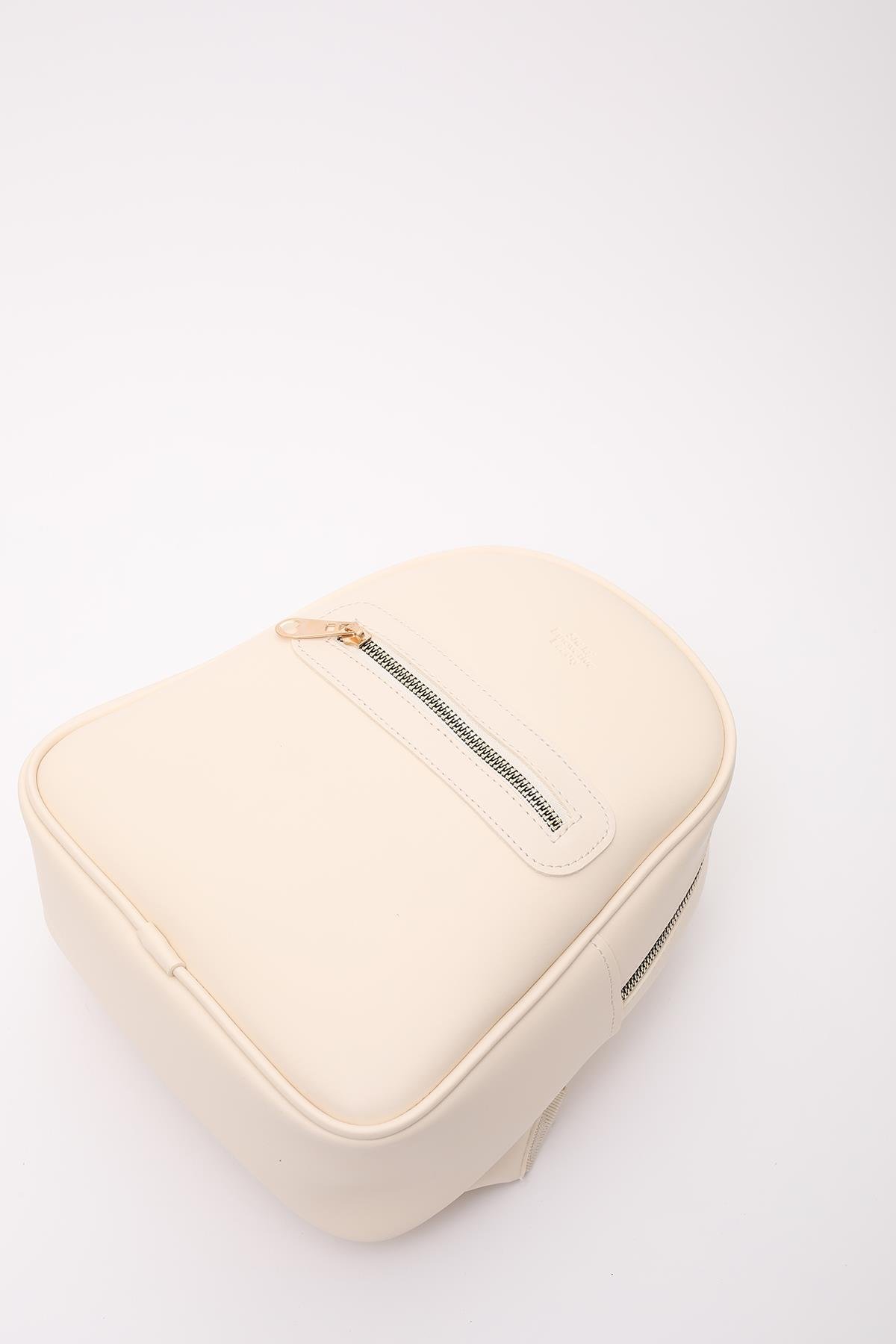 Krem Shk200 Suni Deri 2 Bölmeli Fermuarlı Yazılı Kolon Askılı Sırt Çantası U:26 E:22 G:9 cm