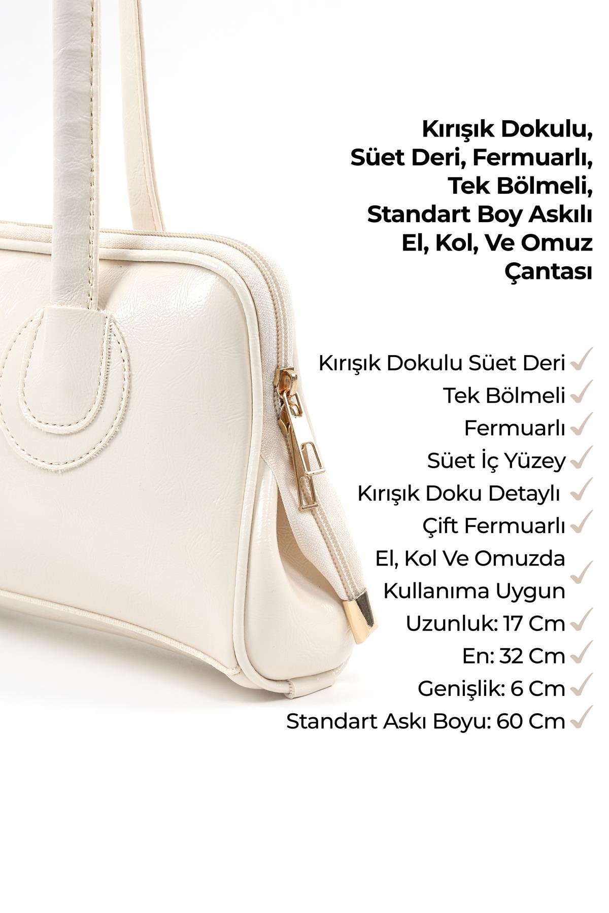Krem Shk227 Kırışık Dokulu,Suni Deri, Fermuarlı ,Tek Bölmeli ,Askılı El, Kol Ve Omuz Çantası