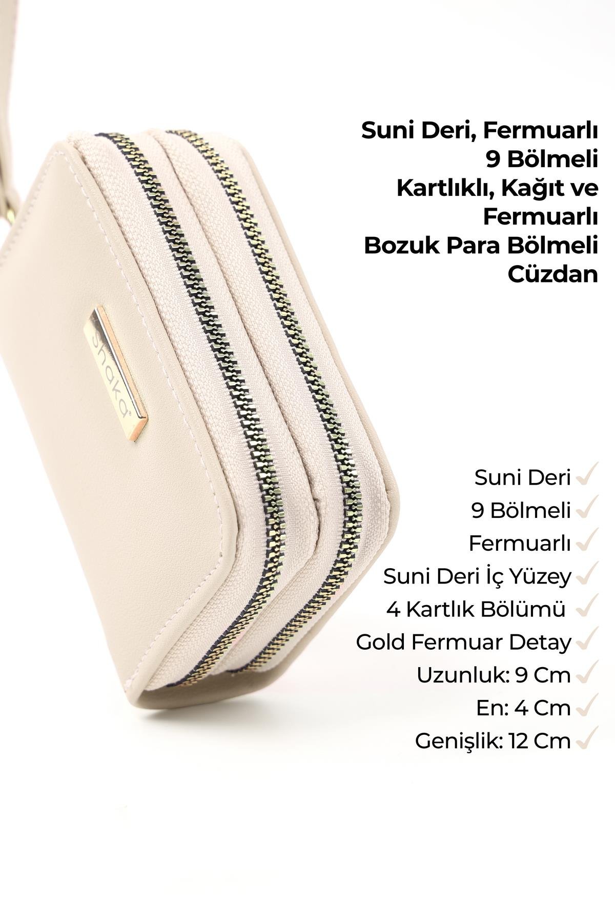 Krem Shk266 Suni Deri 9 Bölmeli, Fermuarlı, Kartlık ve Bozuk Para Bölmeli Cüzdan