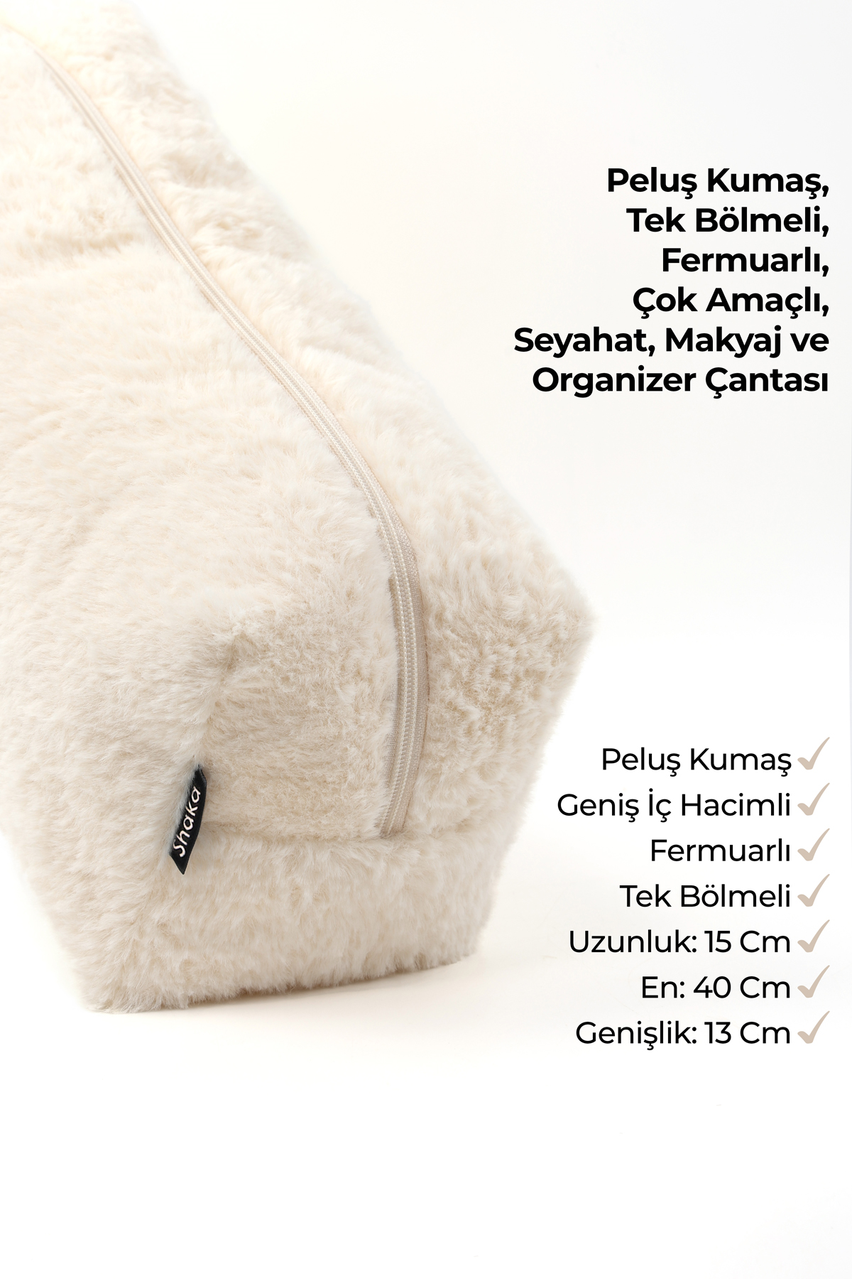Krem SHK268 XL Boy Peluş Kumaş ,Saç Şekillendirici , Makyaj ve Seyahat Çantası
