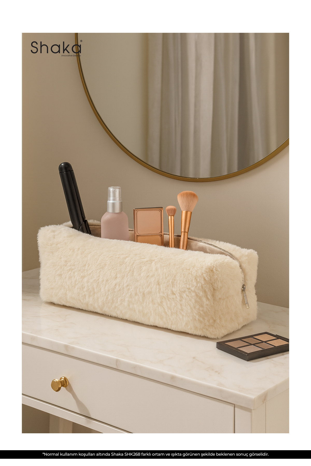 Krem SHK268 XL Boy Peluş Kumaş ,Saç Şekillendirici , Makyaj ve Seyahat Çantası