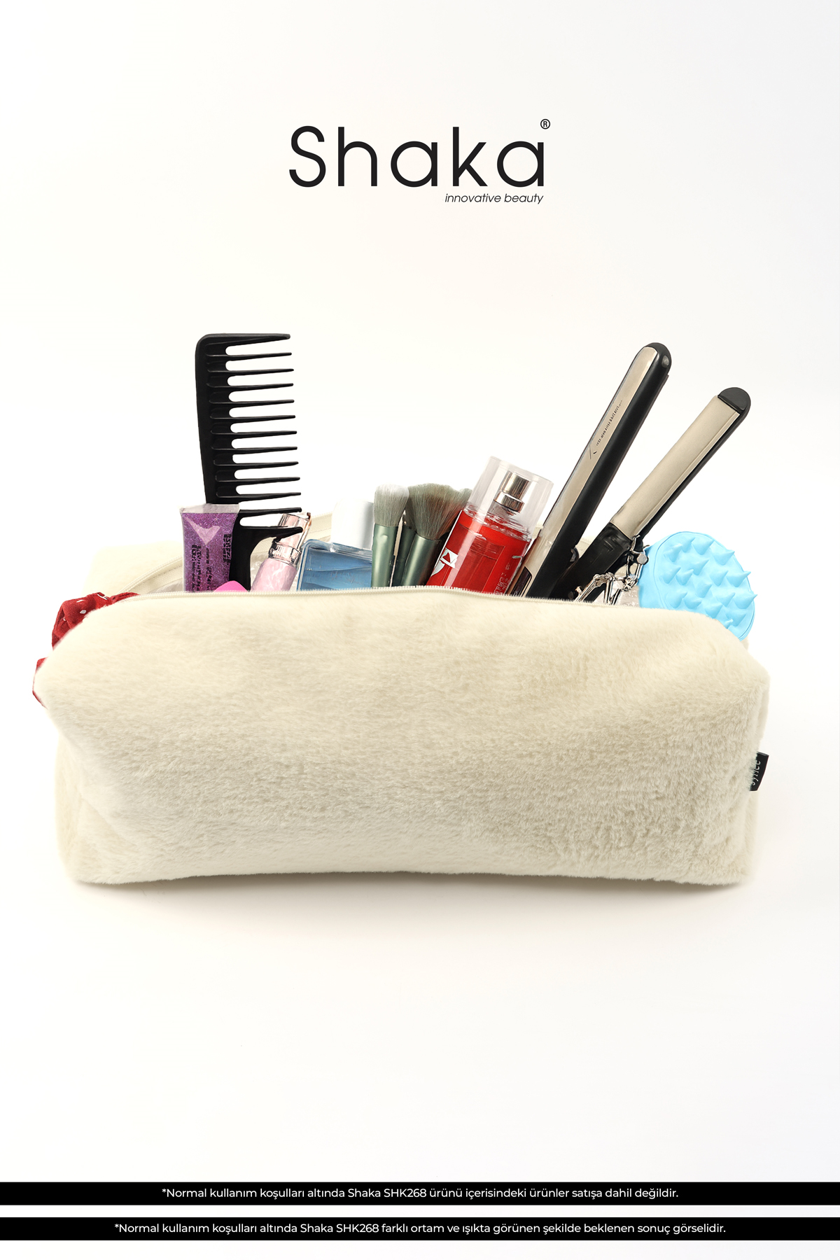 Krem SHK268 XL Boy Peluş Kumaş ,Saç Şekillendirici , Makyaj ve Seyahat Çantası