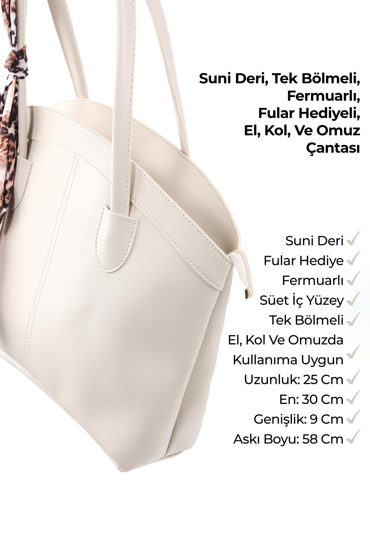 Krem SHK274 Suni Deri Fermuarlı Tek Bölmeli Fular Hediyeli El,Kol ve Omuz Çantası