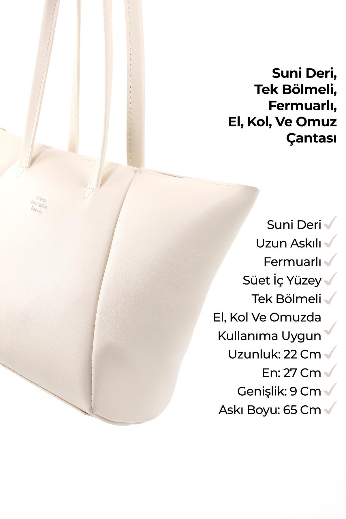 Krem SHK277 Suni Deri Tek Bölmeli Fermuarlı El, Kol ve Omuz Çantası