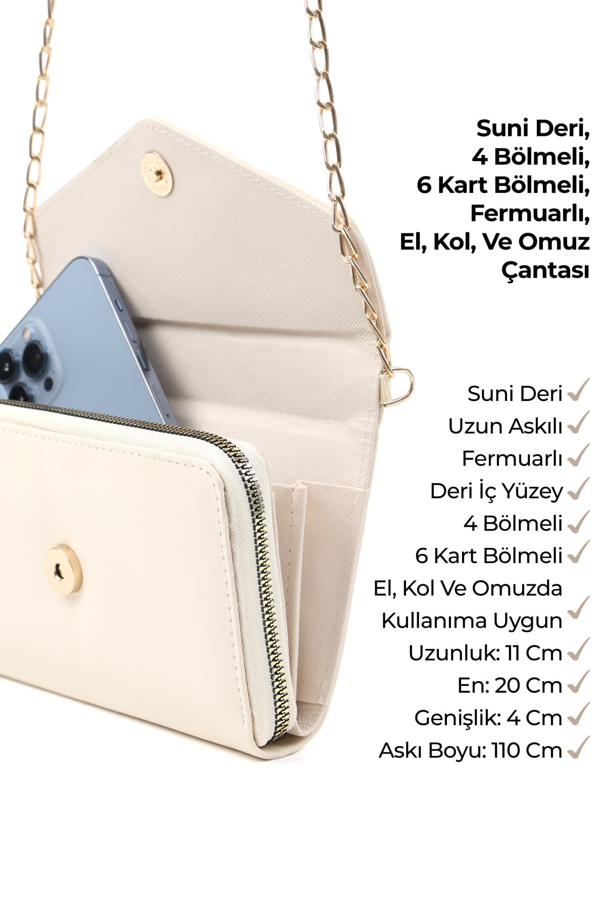 Krem SHK286 Suni Deri 4 Bölmeli,Zincirli ,Telefonluk ve Omuz Çantası