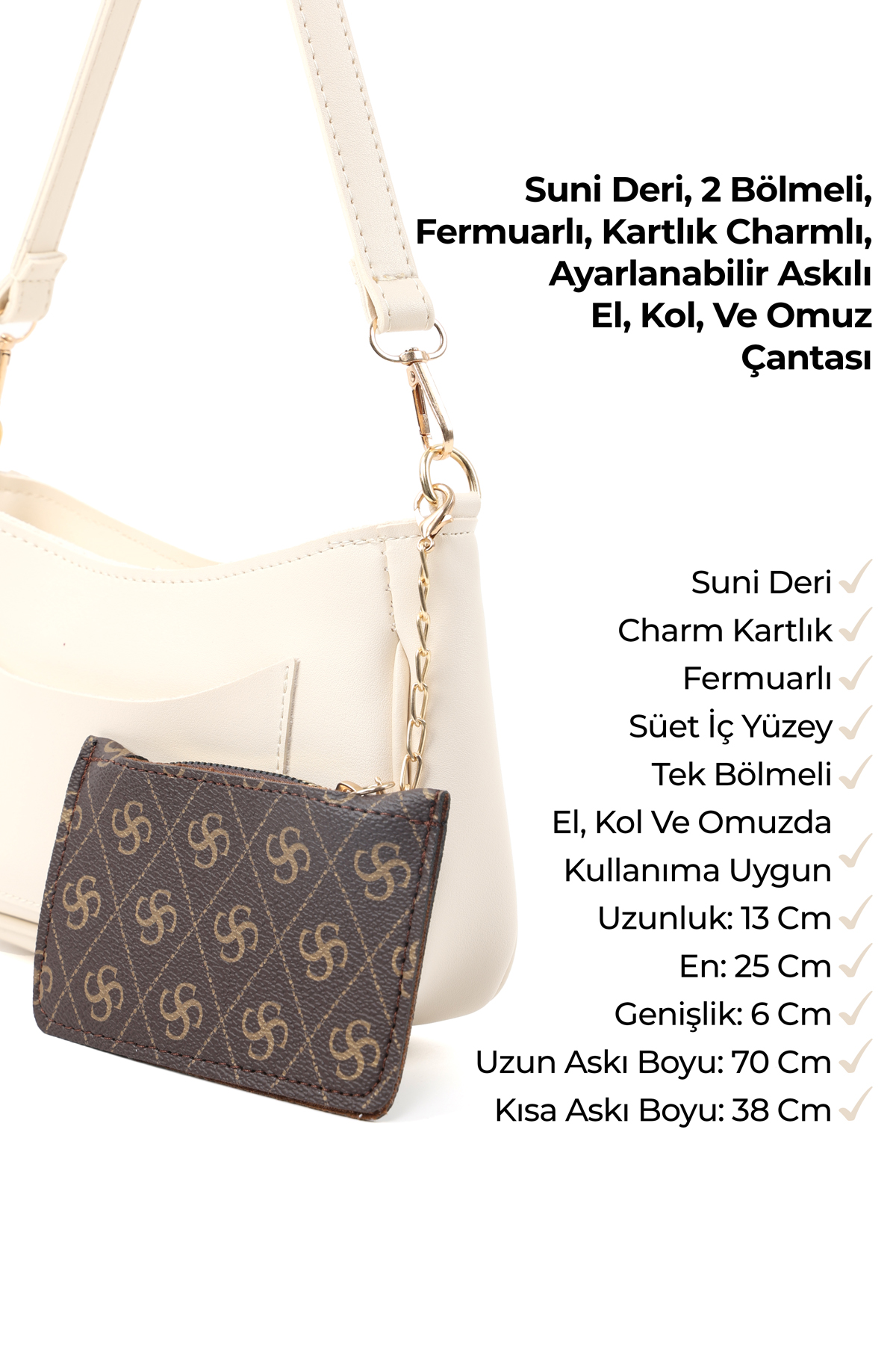 Krem Shk307 Suni Deri, 2 Bölmeli, Cep ve Kartlık Detaylı, El ve Omuz Çantası