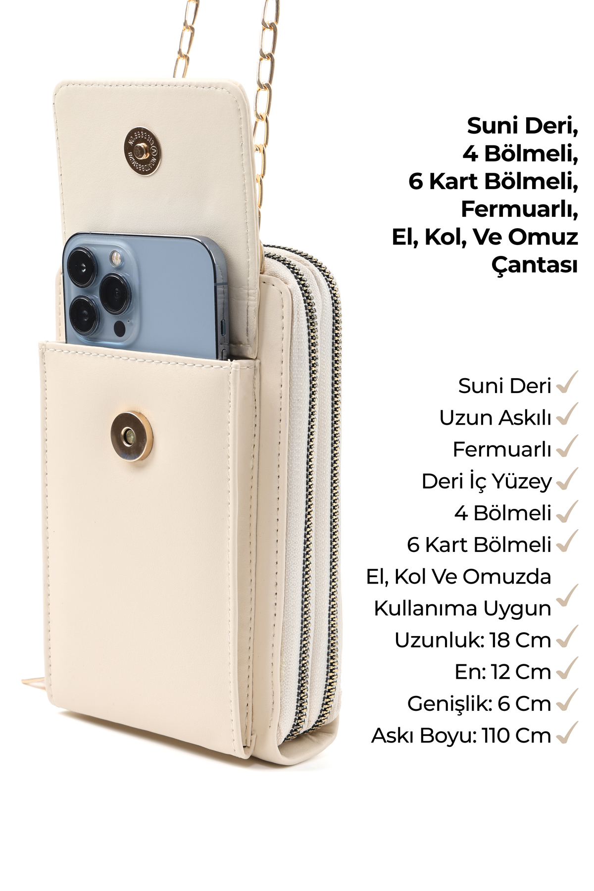 Krem SHK312 Suni Deri 4 Bölmeli,Zincirli ,Telefonluk ve Omuz Çantası