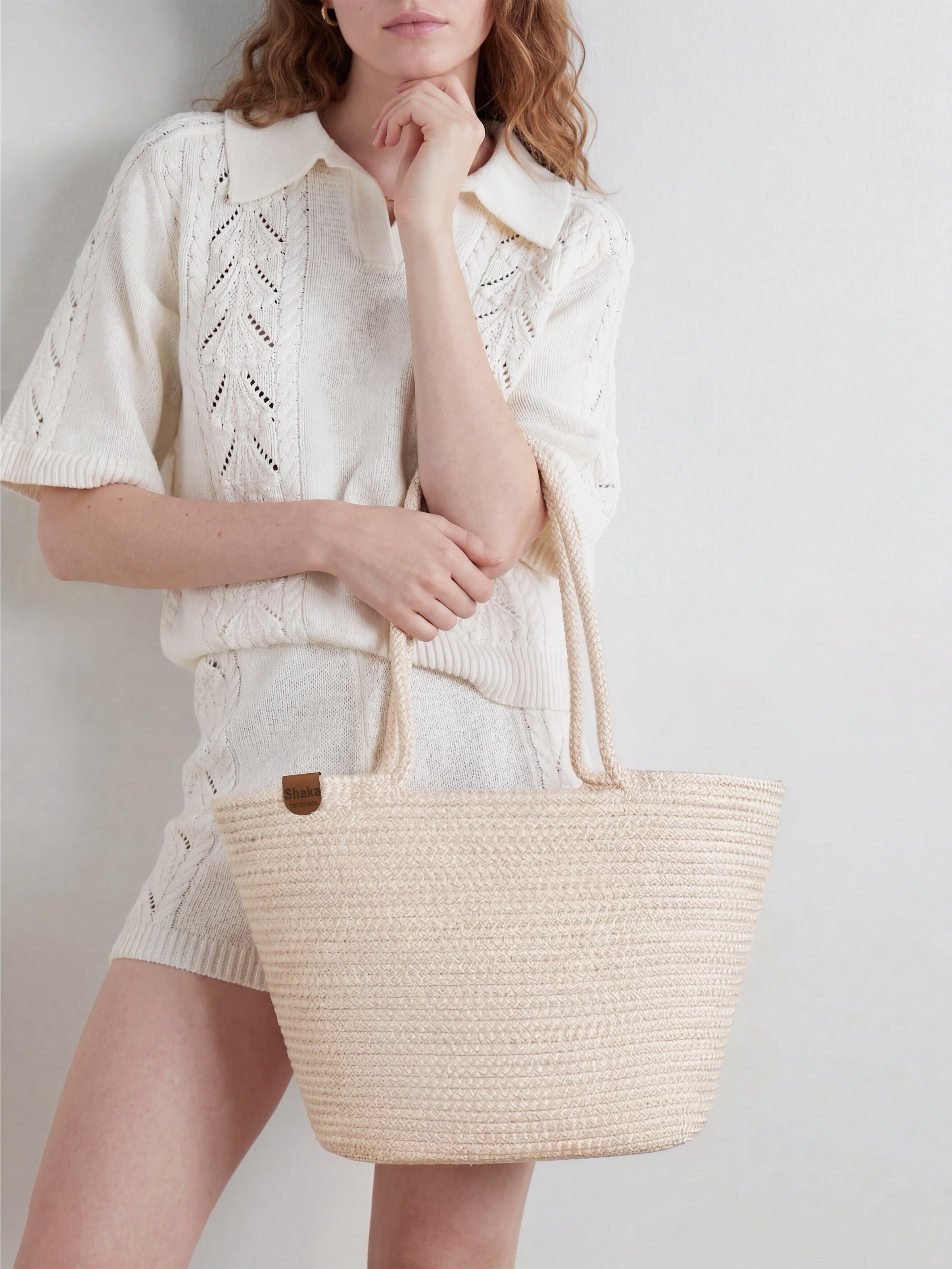 Krem Shk314 Handcrafted, Hasır,Plaj, El,Kol ve Omuz Çantası