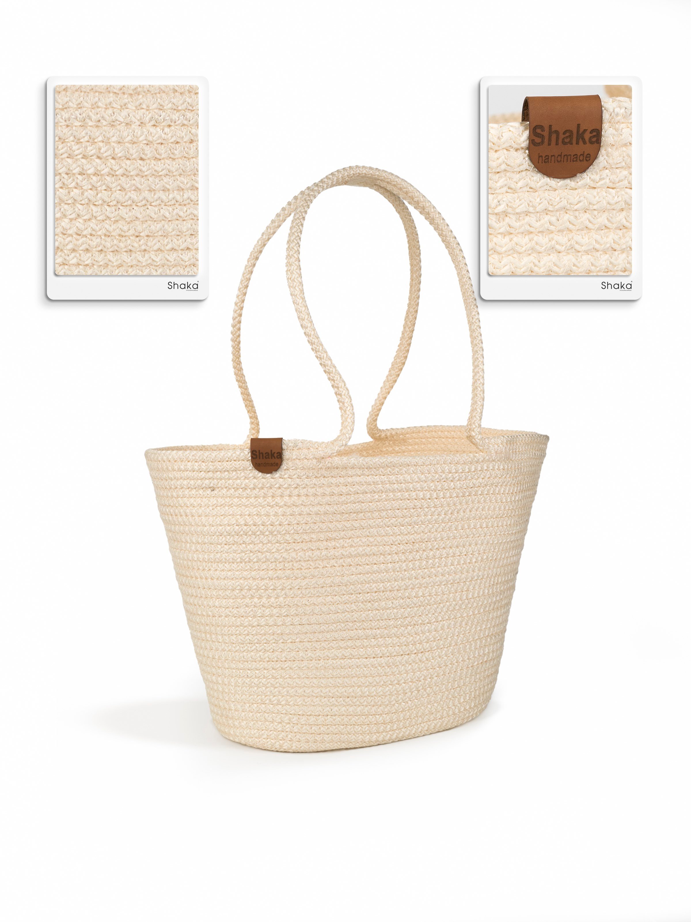 Krem Shk314 Handcrafted, Hasır,Plaj, El,Kol ve Omuz Çantası